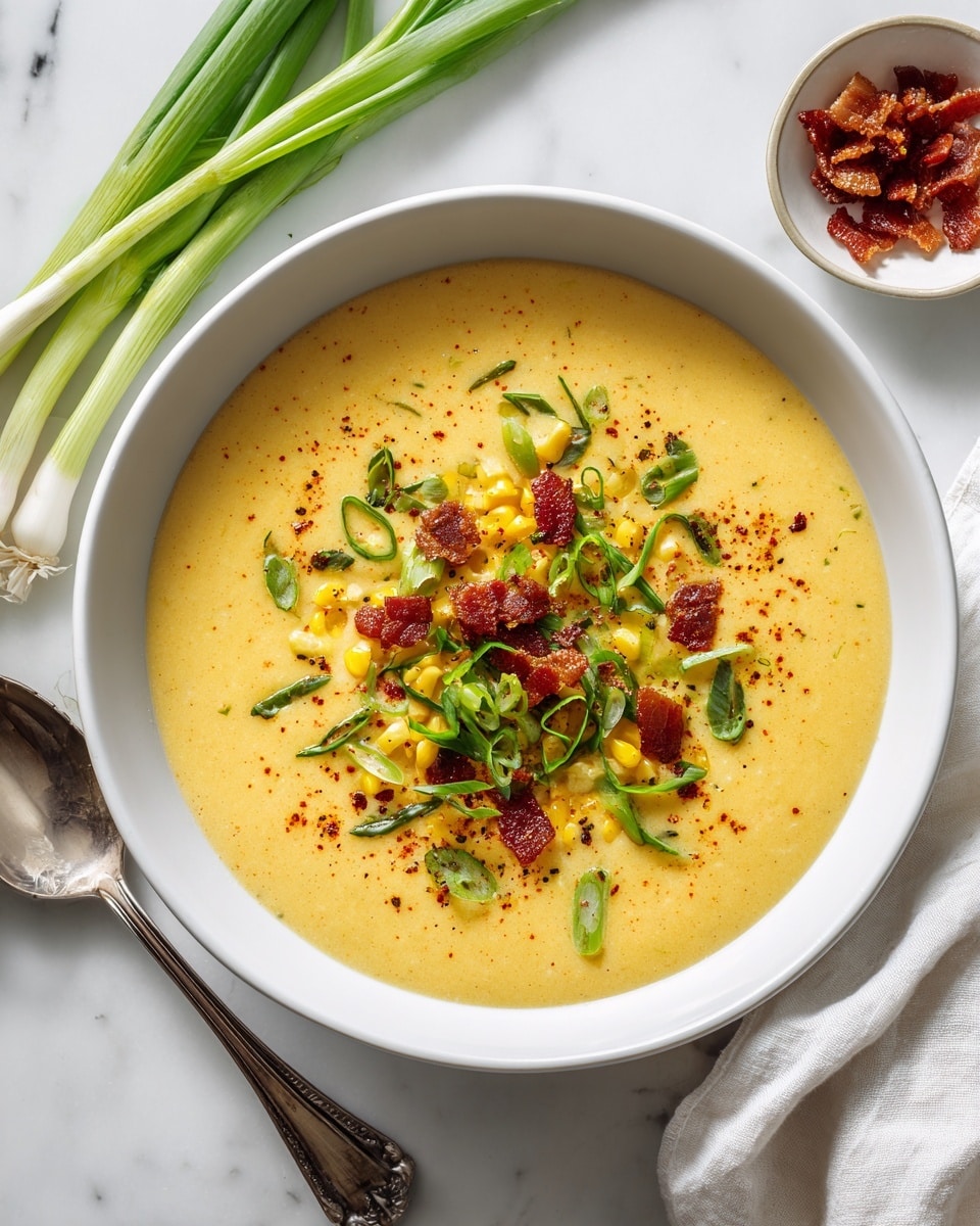 A thick bowl of creamy yellow corn chowder is shown, filled with visible pieces of sweet corn kernels and small chunks of green vegetables. The surface of the chowder is dotted with small bits of red bacon and thinly sliced green onions, sprinkled lightly with black pepper and a hint of red spice. A silver spoon holds a scoop of chowder close to the camera, showing a runny texture with mixed pieces of corn and green vegetables. The bowl is white and sits on a white marbled surface with a white cloth napkin nearby and a small white bowl of bacon pieces blurred in the background. Photo taken with an iphone --ar 4:5 --v 7