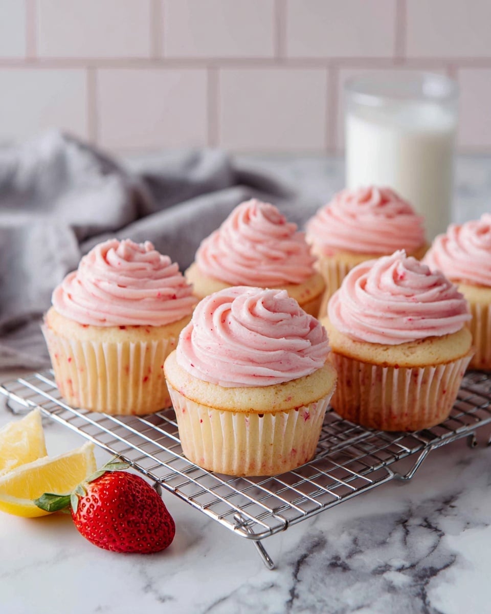 A close-up image shows a small square piece of soft yellow cake with one bite taken out of the front, revealing its fluffy texture inside. On top, a thick layer of piped light pink frosting with small darker pink specks creates a textured and swirled design. The cake sits on a white marbled surface with a partially visible strawberry on the right and a lemon half on the left. In the blurry background, there is another small cake with pink frosting and a white container. Photo taken with an iphone --ar 4:5 --v 7