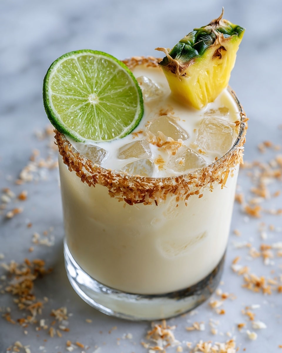 A close-up top view of a creamy light beige drink in a clear glass, filled with several clear ice cubes. The glass rim is covered with toasted coconut flakes, giving a light brown textured border. On top of the drink, a bright green lime slice is placed, and a small chunk of yellow pineapple with greenish tips is attached on the glass rim on the right side. The glass sits on a white marbled surface with some scattered toasted coconut flakes around. photo taken with an iphone --ar 4:5 --v 7