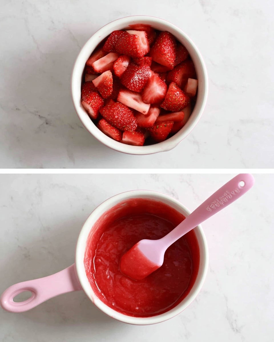 The two images show a small white pot with a cute face design filled with red strawberries on a white marbled surface. In the first image, the strawberries are fresh and cut into chunks, sitting loosely inside the pot. In the second image, the strawberries have been blended into a smooth, bright red sauce with a pink spatula stirring inside the same pot. The pot handle extends to the side in both images. Photo taken with an iphone --ar 4:5 --v 7