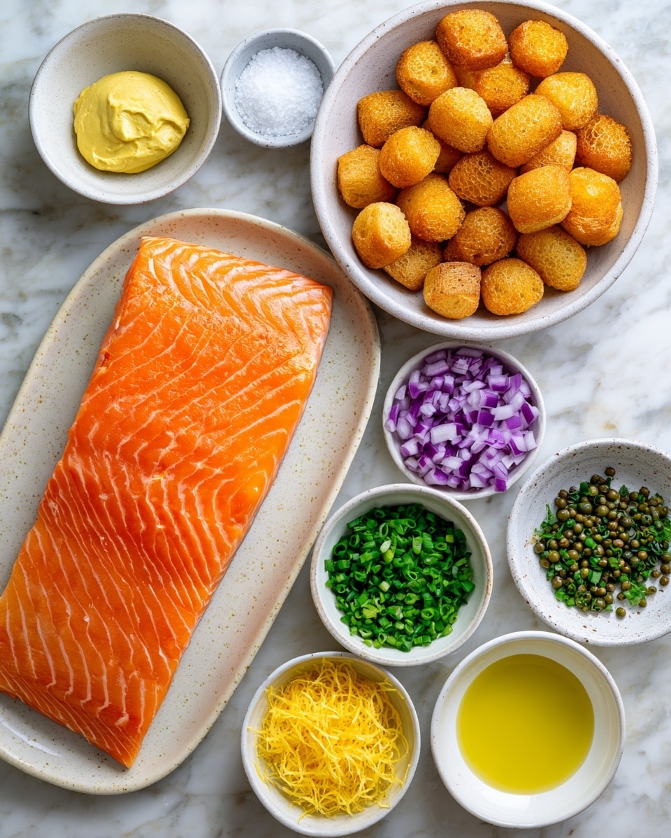 A white marbled surface holds a neat arrangement of ingredients for a dish. At the center bottom, there is a light speckled white bowl with a large, smooth, deep orange fillet of salmon, its texture showing natural lines. To the top right, a white bowl filled with many small, round, toasted crostini pieces in a golden brown shade is set. Above left of the crostini is a small white bowl with a smooth dollop of yellow Dijon mustard. Below the crostini bowl, a small white bowl contains a light yellow pile of lemon zest strands. Further down are several small white bowls with finely chopped purple-red onion, bright green chives, chopped green jalapeño, and dark green round capers. At the bottom, there are two small white bowls filled with a light yellow liquid of lemon juice and a golden yellow olive oil. Everything is spaced out cleanly on the white marbled surface. Photo taken with an iphone --ar 4:5 --v 7