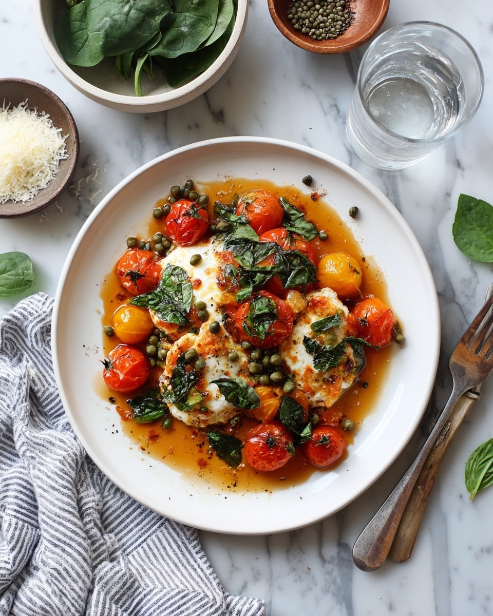 A white plate holds a dish with four main visual layers: the bottom layer is a thin pool of orange-brown sauce; on the sauce sits a mix of roasted cherry tomatoes in red and yellow colors along with wilted green basil leaves; above the tomatoes and basil is a large, melted white cheese layer that covers most of the center; the top layer has scattered green capers and a few basil leaves. The plate is on a white marbled surface with scattered basil leaves and pepper grains around it, beside a fork and knife resting on a striped towel, a bowl of green spinach, a small bowl with grated cheese, and a clear glass filled with water. Photo taken with an iphone --ar 4:5 --v 7