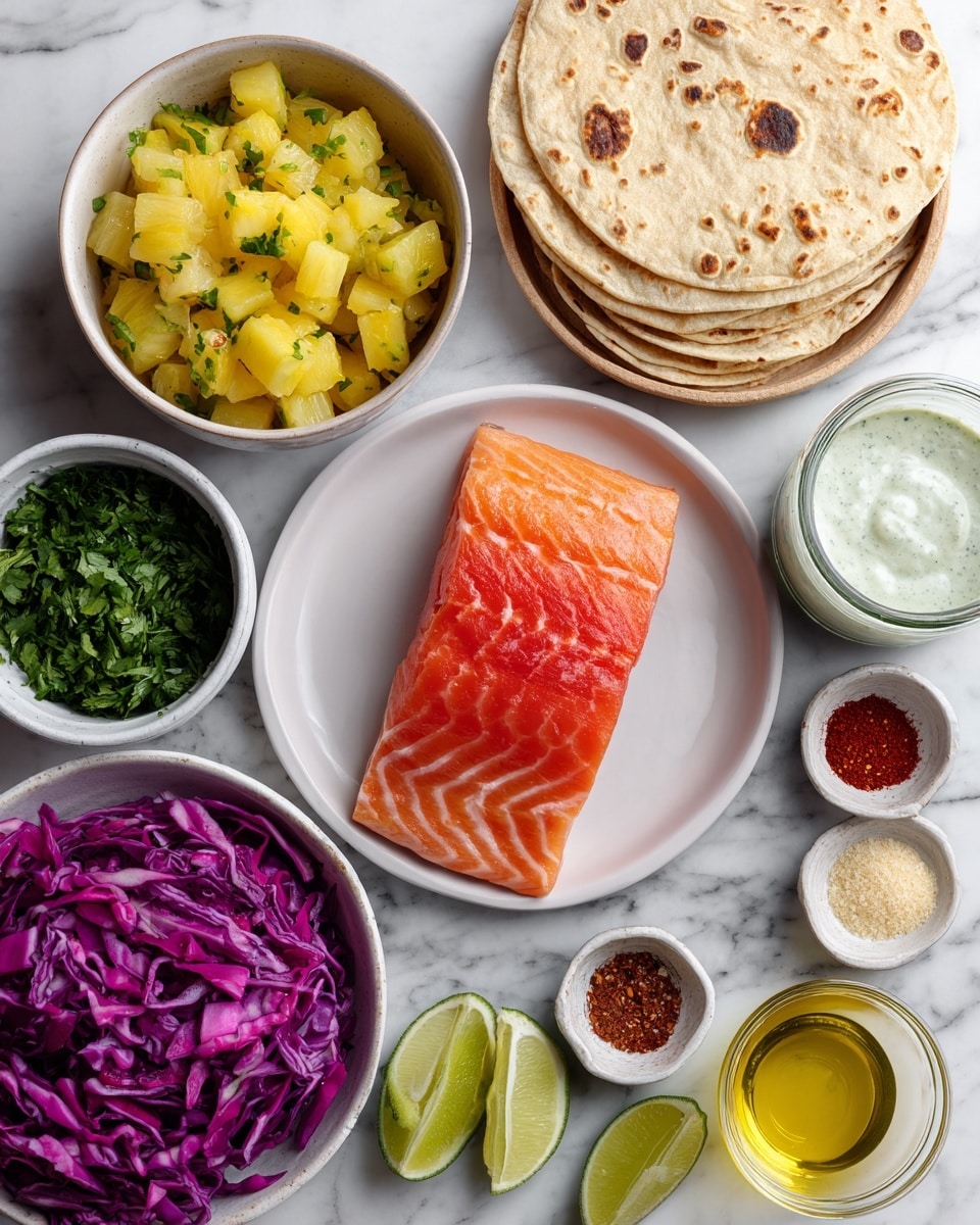 The image shows several small white bowls and plates arranged on a white marbled surface, each holding different ingredients. In the top center, a large white plate holds a thick, raw salmon fillet with bright orange color and visible marbling lines. To the left, a white bowl is filled with chunky pineapple salsa made of yellow pineapple pieces and green herbs. Below that, a white bowl contains stacked corn tortillas with light brown spots. On the right side, a clear jar with white cilantro lime crema and a small white bowl of chopped green cilantro sit near a white plate holding various colorful spices including red paprika, white garlic powder, beige onion powder, red pepper, chili powder, salt, and oregano. Bottom left features a bowl with shredded red cabbage slaw showing deep purple and green colors. A small white bowl with lime wedges is positioned near the bottom right. A small bowl of olive oil with golden liquid is placed near the tortillas. The overall arrangement is clean and organized, with each ingredient clearly visible. Photo taken with an iphone --ar 4:5 --v 7