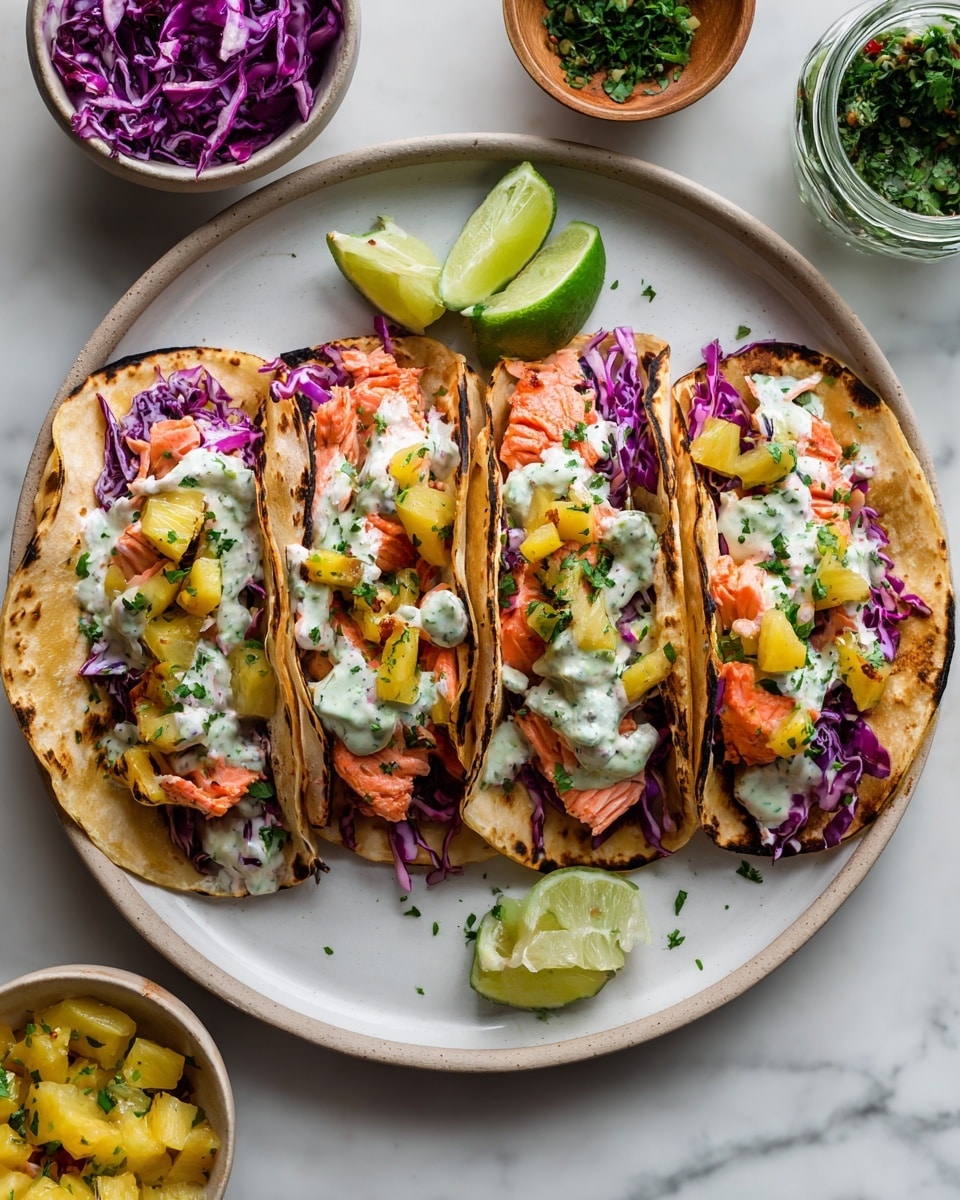 A white tortilla folded to hold layers of food is shown being held by a woman's hand with light skin and short nails. The first layer inside the tortilla is grilled orange salmon pieces with light charcoal marks, topped by bright yellow grilled pineapple chunks mixed with small bits of green herbs. Underneath, there is a layer of shredded purple cabbage adding a pop of color. A creamy white sauce with green herb flecks is drizzled over the top. The food rests on a white marbled surface with small bits of herbs and sauce drops scattered around. In the background, two more tortillas with similar fillings lie flat and out of focus. photo taken with an iphone --ar 4:5 --v 7