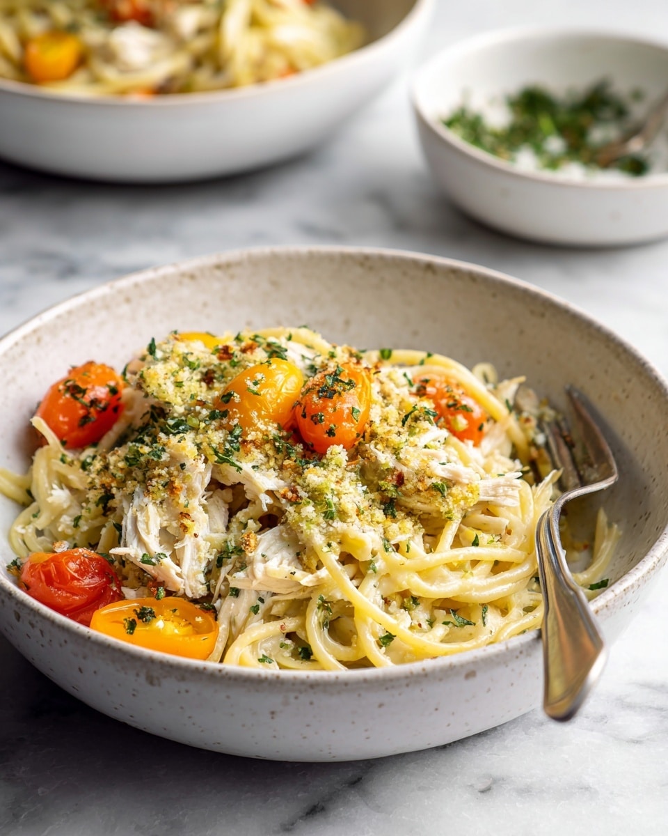 Two bowls of spaghetti with three layers each: the bottom layer is plain spaghetti noodles with a creamy light color, the middle layer has orange and red cherry tomato pieces mixed with small white pieces of chicken scattered throughout, and the top layer is a green crumbly topping sprinkled with tiny chopped green herbs over it all. The bowls are white with a simple, smooth texture. The background is a white marbled surface with a small bowl of more green crumb topping and a few chopped herbs in a smaller white bowl near the edges. A fork is resting inside the bowl in front. photo taken with an iphone --ar 4:5 --v 7