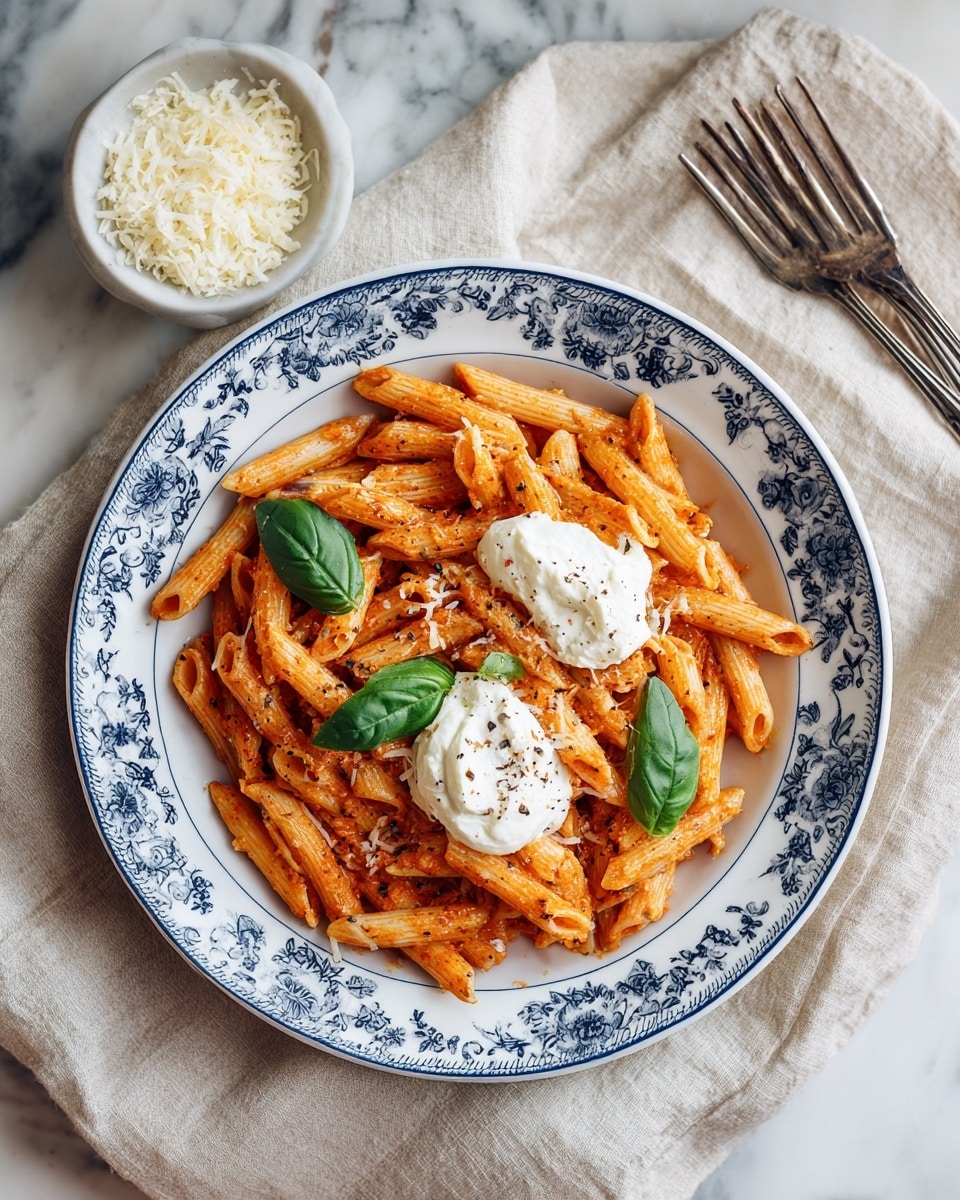 Two white plates hold pasta tossed in a red-brown pesto sauce, with scattered black pepper. On top of the pasta are soft white cheese dollops, with some torn pieces showing creamy texture. Fresh green basil leaves decorate each plate, adding a fresh touch. Around the plates are small glass cups with light yellow liquid, a small bowl of grated cheese, fresh basil bunch, and silver forks on a tan linen cloth over a white marbled surface. photo taken with an iphone --ar 4:5 --v 7