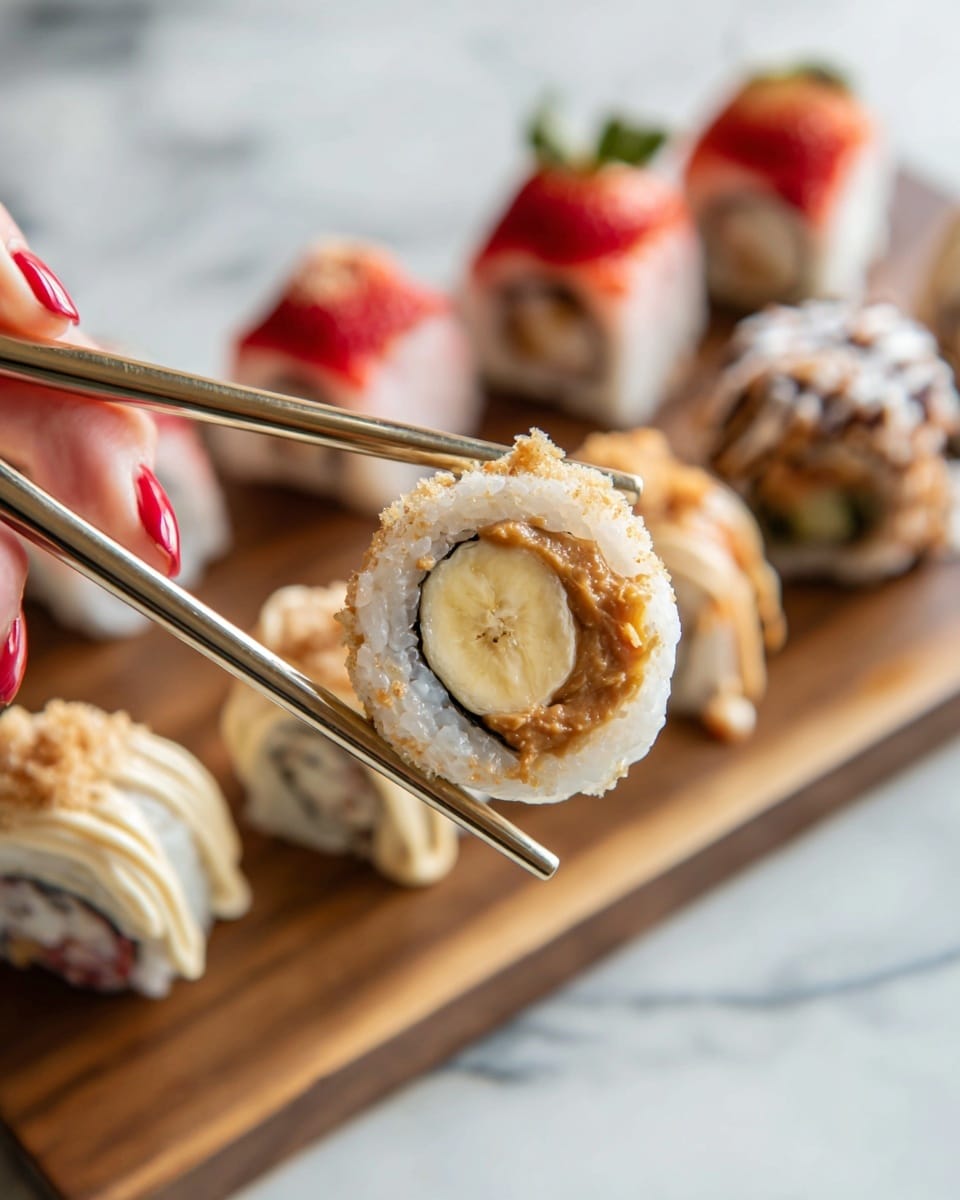 A close-up of a small piece of sushi roll held by a pair of metal chopsticks, showing a full round piece of banana inside a layer of peanut butter, all wrapped with a thin white wrap. The sushi roll is in focus with a blurred wooden board in the background holding three rows of different sushi rolls: one with white wrap topped with sliced red strawberries, another with white wrap coated in brown crumbs and white drizzle, and a third row partially visible with a beige topping. Part of a woman's hand with red nail polish is visible holding the chopsticks. The whole scene sits on a white marbled surface. photo taken with an iphone --ar 4:5 --v 7