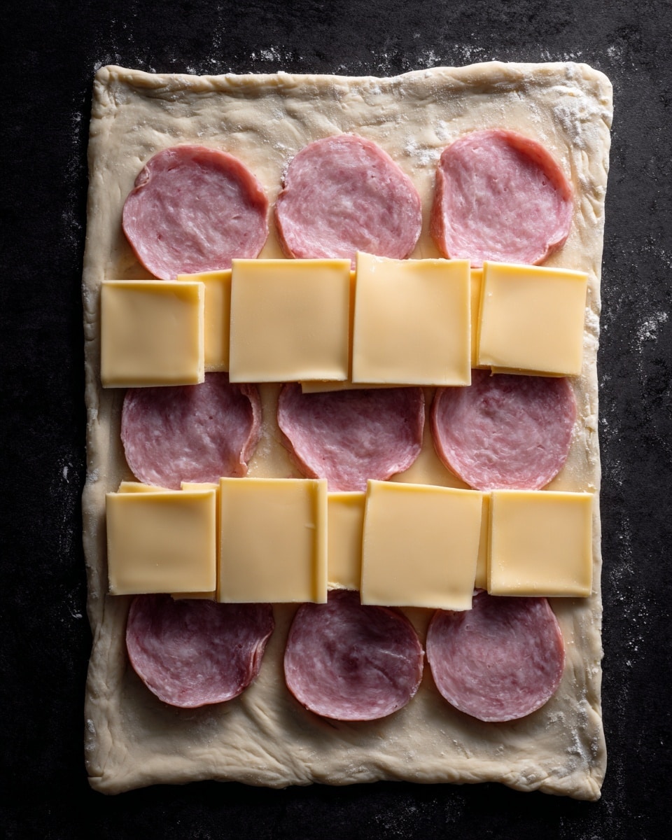 A rectangular layer of dough lies flat on a dark surface, with five slices of round, pink ham evenly spaced side by side near the bottom half of the dough. On top of the ham, there is a layer of eight square slices of pale yellow cheese, arranged in two rows of four, covering the ham almost fully. The edges of the dough are slightly uneven and rough. The dough looks soft and slightly shiny, while the ham appears smooth and moist. Photo taken with an iphone --ar 4:5 --v 7