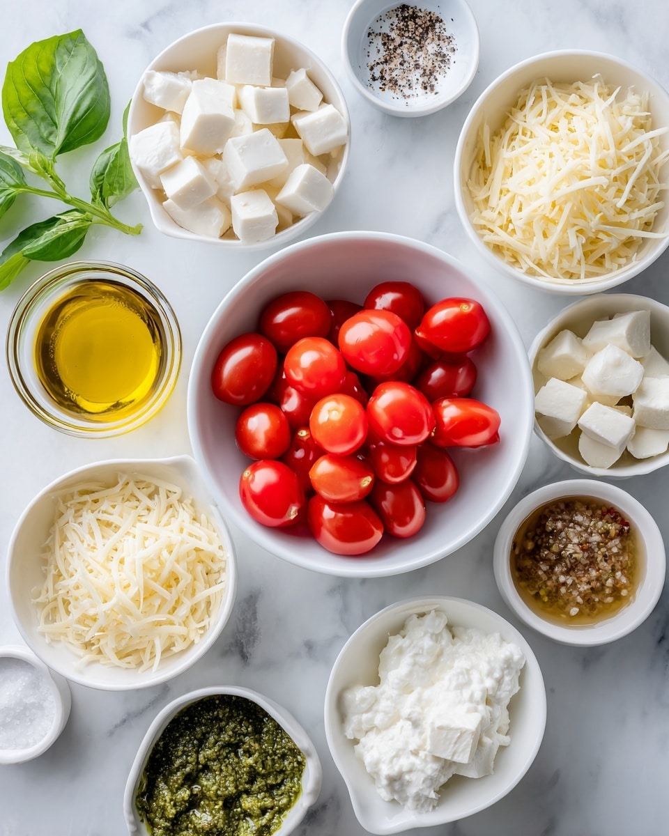 A top-down view of several bowls arranged on a white marbled surface, each containing different ingredients. In the center is a white bowl filled with bright red cherry tomatoes. Surrounding it are smaller white bowls: one with white mozzarella cubes at the top, one with light yellow shredded provolone cheese below the tomatoes, and one with white sour cream at the bottom right. Other bowls hold grated pale yellow Parmesan cheese, green pesto sauce, and light brown minced garlic. A small glass container with golden olive oil is also present, along with a tiny white bowl holding salt and pepper at the top left. Fresh green basil leaves are scattered nearby. Photo taken with an iphone --ar 4:5 --v 7