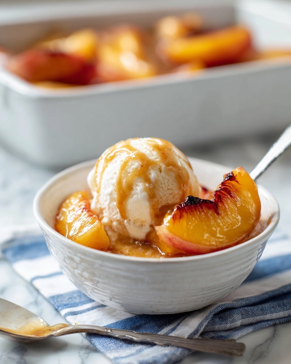 A dish featuring a halved peach with warm golden-orange flesh and slightly caramelized edges sits in a white bowl with a textured rim, topped with a round scoop of creamy white vanilla ice cream melting slightly and drizzled with light brown caramel sauce that runs down the sides. A silver spoon holds a piece of the peach in front of the bowl, resting on a blue and white simple striped cloth that lines the bowl. In the blurred background, a white rectangular baking dish contains several more halved peaches with deep caramelized tops. The entire scene is set on a white marbled surface. Photo taken with an iphone --ar 4:5 --v 7