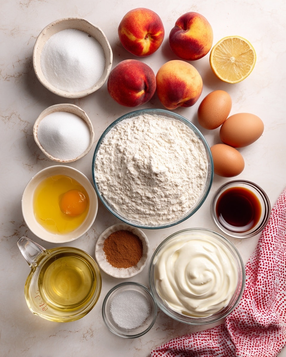 A top-down view of various baking ingredients placed on a white marbled surface with clear glass bowls and containers. At the top center, there are three whole peaches showing their smooth reddish-yellow skin. To the left, a small round bowl filled with white sugar sits next to a lemon half displaying its bright yellow flesh. Below the sugar is a small clear bowl with a little almond extract. A large bowl of white flour is centered in the image with a small bowl of baking powder and a small metal bowl with salt nearby to the right. Two brown eggs sit near a small bowl filled with cinnamon powder. A glass measuring cup with pale yellow oil is at the bottom left. Next to it is a glass bowl filled with thick Greek yogurt, showing a smooth and creamy white texture. A small bowl with dark brown vanilla liquid is also present. A red and white dotted cloth napkin is at the bottom right corner. photo taken with an iphone --ar 4:5 --v 7