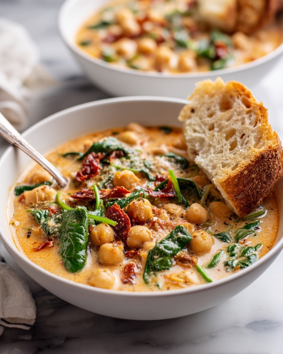 A white bowl filled with creamy chickpea stew that has a mix of colors: light orange creamy sauce, pale beige chickpeas, green spinach pieces, and small bits of red sun-dried tomatoes, with a piece of toasted bread resting on the right edge of the bowl, showing its light brown crust and airy inside texture. In the background, there is another white bowl of the same chickpea stew, all placed on a white marbled surface, and a spoon sticking into the bowl in front. photo taken with an iphone --ar 4:5 --v 7
