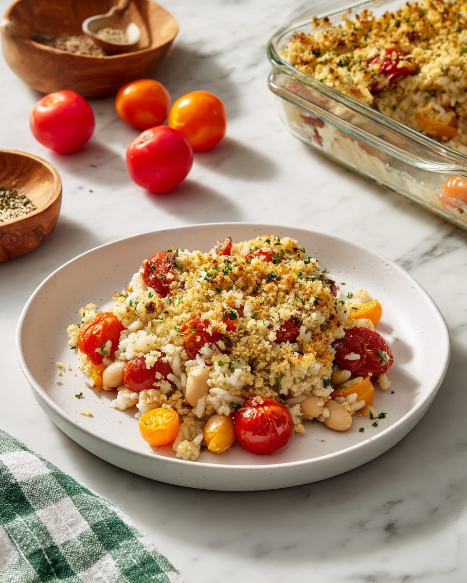 A white round plate holds a serving of baked rice mixed with white beans and roasted cherry tomatoes. The dish has a golden brown crumb topping sprinkled unevenly on top, with some green herb pieces scattered over it. The rice and beans form the base layer, showing a mix of beige and pale yellow colors with soft textures, while the cherry tomatoes, both whole and halved, add vibrant red and orange pops scattered throughout. The crumb topping has a crispy, textured appearance with a light golden color. Around the plate, there are whole cherry tomatoes, a wooden bowl with crumbs, and a small wooden bowl with mixed spices, all set on a white marbled surface. Part of a glass baking dish with the same rice mixture is visible on the upper right corner. A green and white checkered cloth is partially visible at the bottom edge of the frame. Photo taken with an iphone --ar 4:5 --v 7