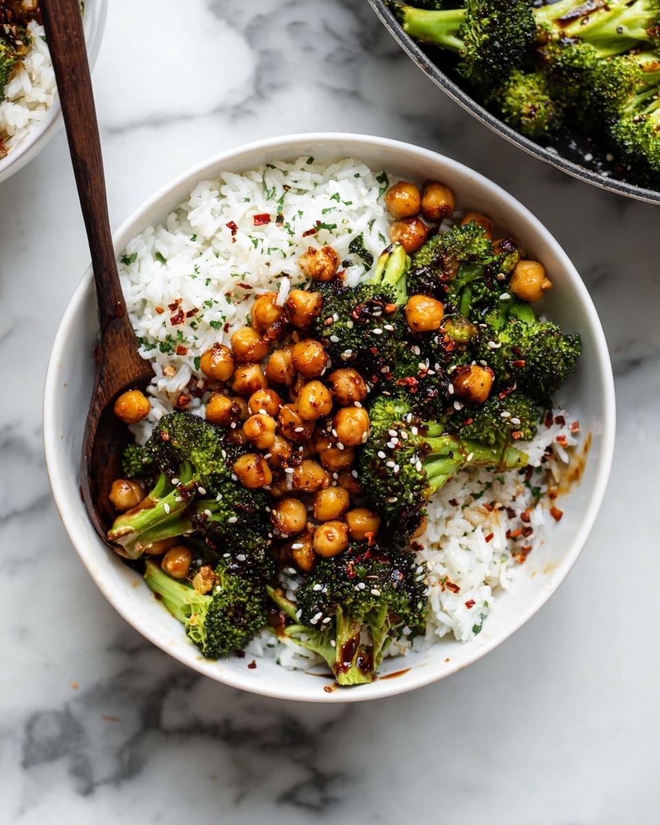 This image shows a black frying pan filled with cooked broccoli and chickpeas. The broccoli is bright green with some browned, tender parts, and the chickpeas are golden brown, spread evenly among the broccoli pieces. There are small bits of cooked onion mixed in that add texture. A dark wooden spatula with a black handle is placed inside the pan, touching the vegetables. The pan sits on a white marbled surface with a gray cloth partially visible in the top left corner. photo taken with an iphone --ar 4:5 --v 7