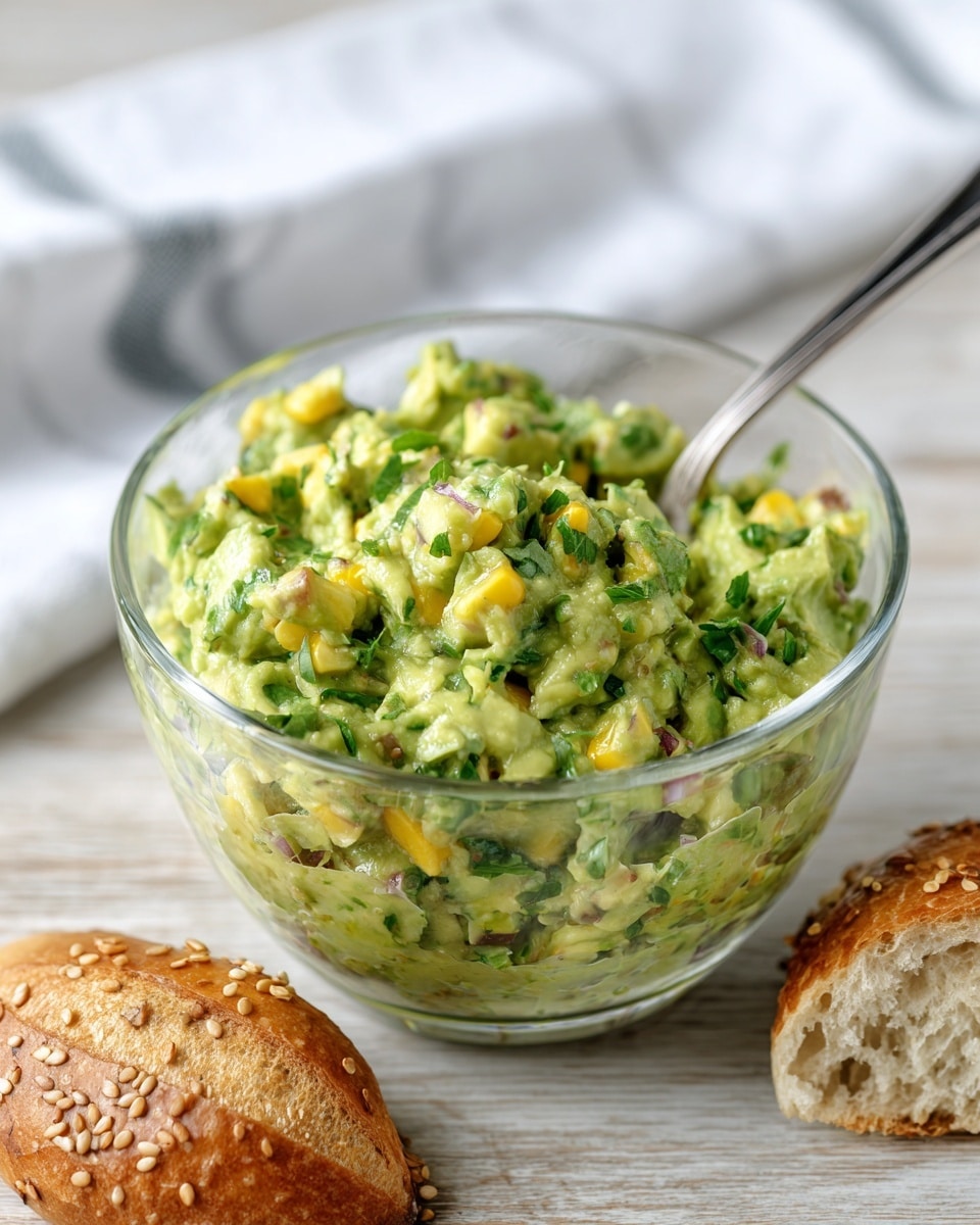 The image shows a clear glass bowl filled with chunky, mixed guacamole that has a light green color with visible pieces of avocado, corn, and small bits of herbs. A metal spoon is placed inside the bowl on the left side. The bowl sits on a light wooden surface, with a white and gray striped cloth napkin partially visible in the top left corner. Below the bowl, there are two sesame seed bagels with a golden brown crust, one whole and one sliced open with a visible soft inside. The overall scene is simple and fresh. Photo taken with an iphone --ar 4:5 --v 7