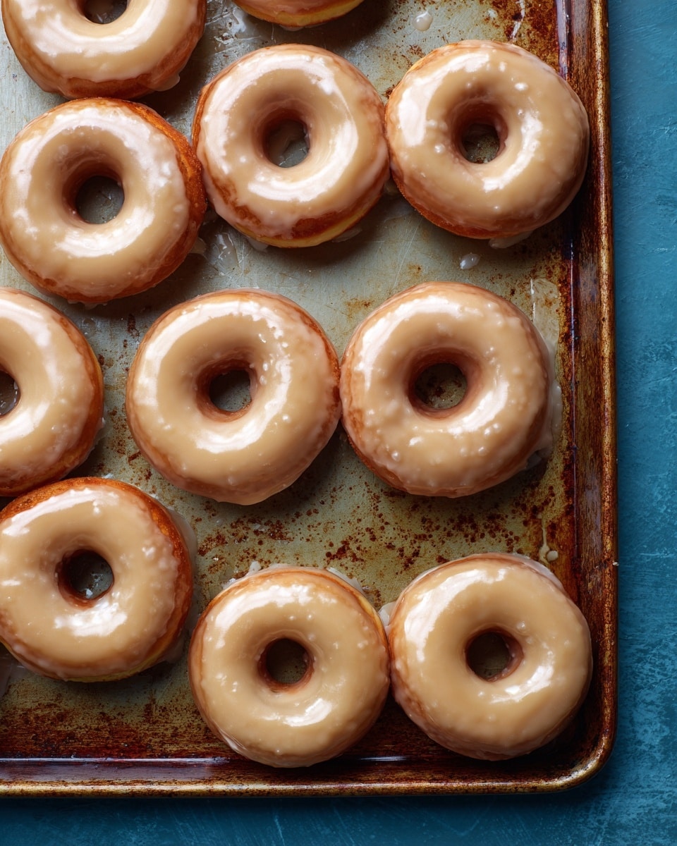 The image shows a metal baking tray with 11 round, glazed donuts arranged in an uneven grid. Each donut has a light brown, glossy icing that covers the entire top and sides, creating a shiny, smooth texture. The donuts are placed on a worn, brownish surface of the tray that has dark spots and marks. The background surrounding the tray is a blue color. photo taken with an iphone --ar 4:5 --v 7