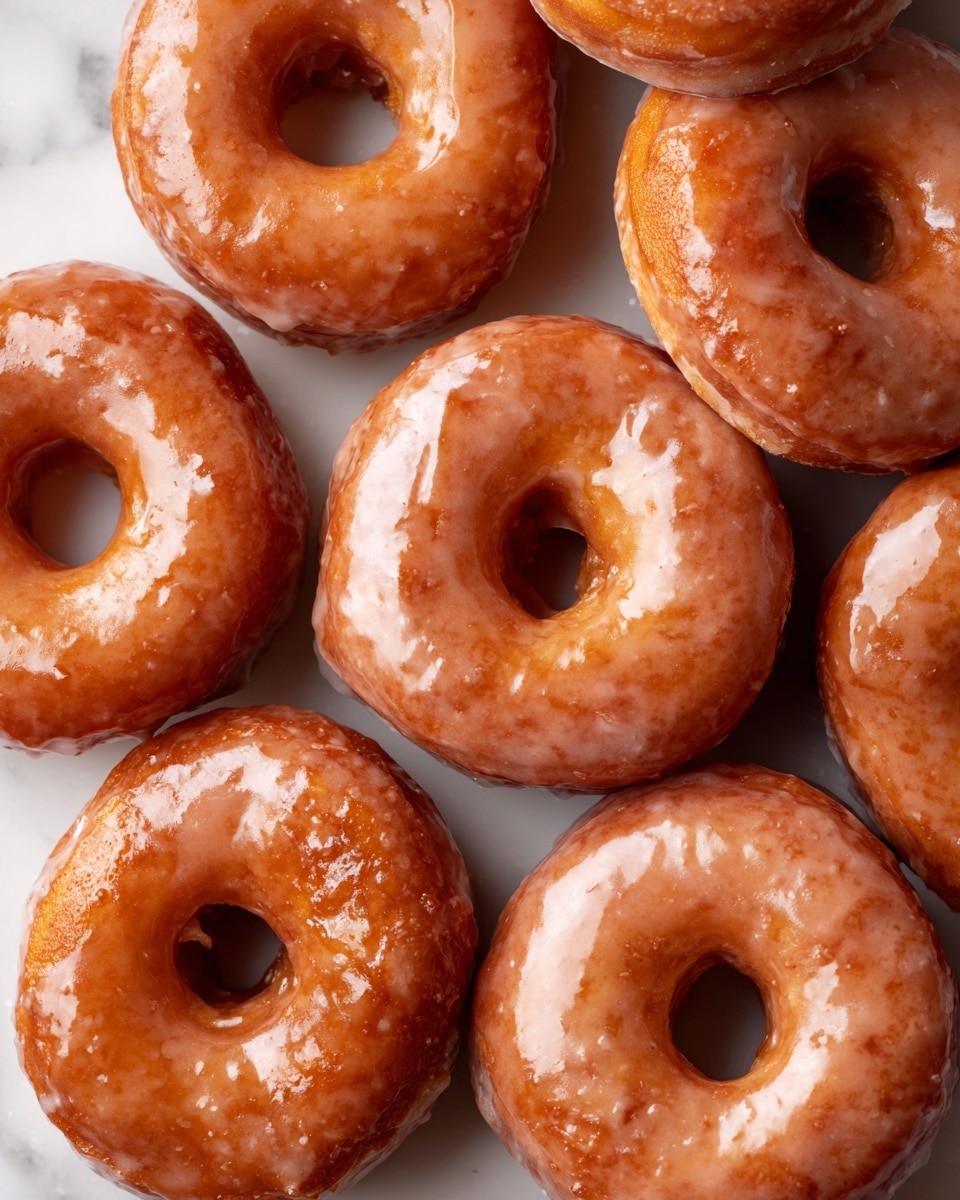 A close-up view of many round doughnuts with a glaze on top, stacked randomly on a white marbled surface. Each doughnut has a shiny, light brown color with smooth and slightly rough textures, and the glaze layer appears glossy and unevenly spread, creating a silky shine over the doughnuts. The doughnuts have a hole in the center, and their edges are slightly darker and crisper. The overall look shows several layers of the doughnut base with a thin glaze coating on top. photo taken with an iphone --ar 4:5 --v 7