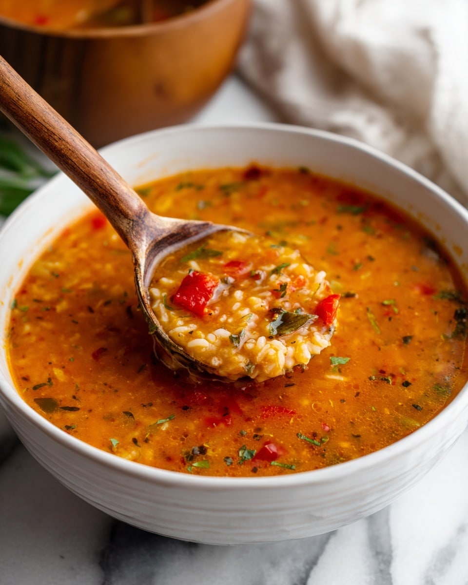 A white bowl filled with thick, orange-red soup that has visible grains of rice and small chunks of vegetables like red peppers and green herbs scattered throughout, giving it a colorful and textured look. A spoon with a wooden handle is dipping into the soup, showing its hearty and smooth consistency, all set on a white marbled surface with a blurred wooden bowl and green leaves in the background. photo taken with an iphone --ar 4:5 --v 7