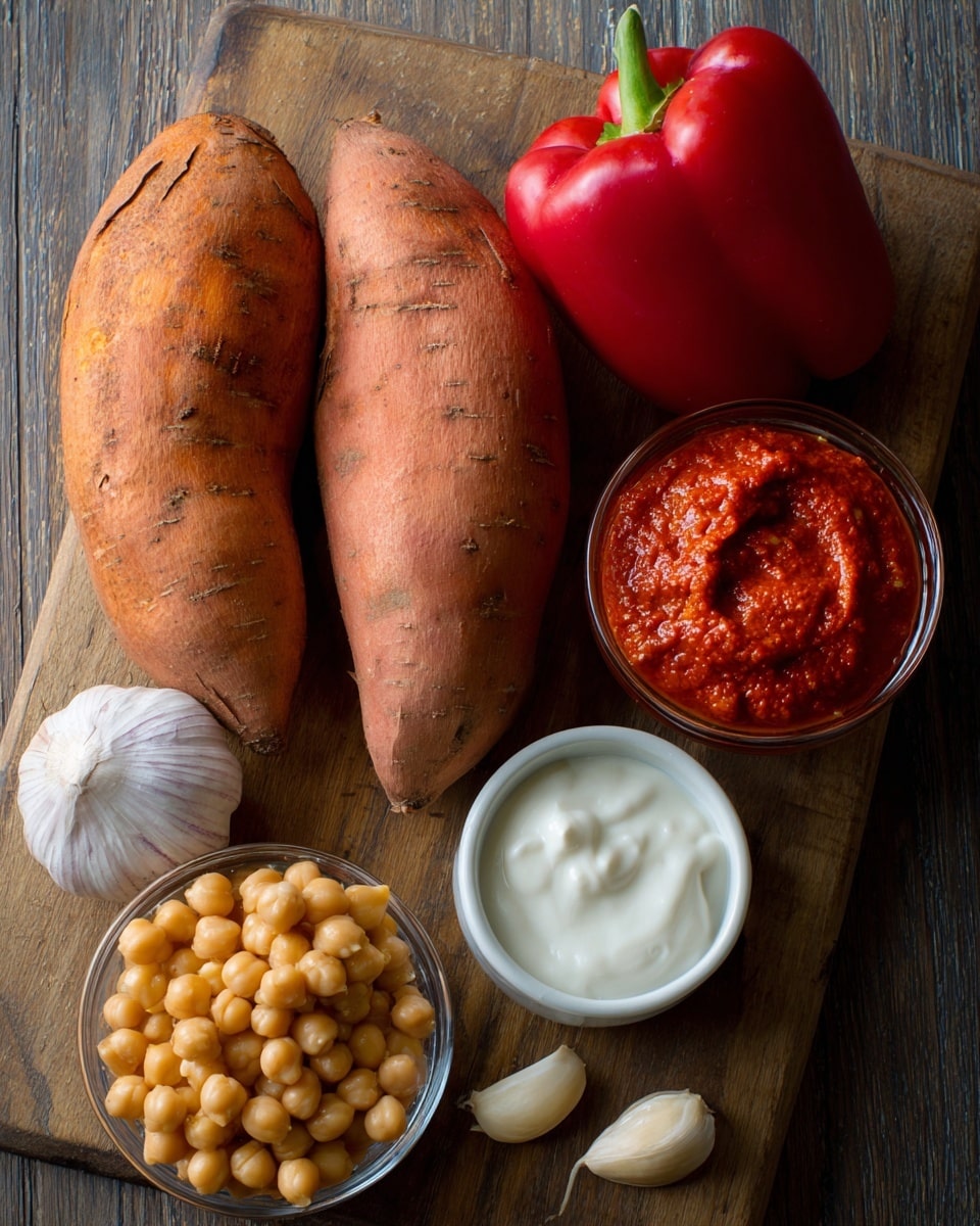 The image shows a wooden board with two large sweet potatoes, three cloves of garlic, a whole red bell pepper, a whole onion, a small white bowl of red pepper paste, a small white bowl of cream, and a small glass bowl of chickpeas. The ingredients are roughly arranged, showing their natural colors and textures clearly. The skin of the sweet potatoes is rough and orange-brown, the red bell pepper is smooth and shiny, and the onion has a light brown, papery outer skin. The red pepper paste has a coarse texture, and the cream looks smooth and thick. The chickpeas are small, round, and pale yellow. Photo taken with an iphone --ar 4:5 --v 7
