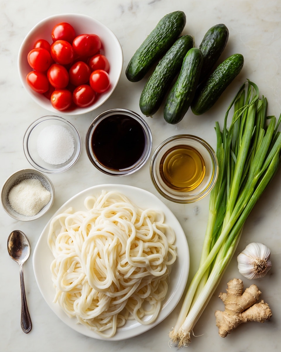 The image shows a white plate filled with pale, thick udon noodles coiled loosely in the center bottom, surrounded by several white bowls and small glass containers holding ingredients. On the top left, a white bowl is filled with bright red cherry tomatoes. To the right of the tomatoes, three dark green Persian cucumbers lie side by side on a white marbled surface. Below the cucumbers, a small glass bowl contains dark black vinegar, with another glass bowl filled with dark brown soy sauce to its right. A tiny glass container of toasted sesame oil is near the top left. At the bottom left on the surface, a metal spoon holds white sugar. To the right of the sugar, a bunch of fresh green onions with long stalks and white roots rests horizontally across the white marbled background. Near the center right are a small piece of fresh ginger and a clove of garlic on the marble surface. The whole arrangement sits neatly on a white marbled background. Photo taken with an iphone --ar 4:5 --v 7