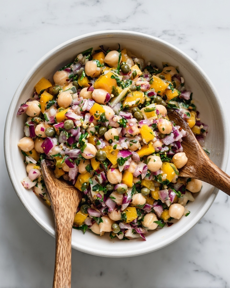 The image shows a close-up of a white bowl filled with a mixed bean salad. It has two wooden spoons partially inside the bowl, partly covered by the salad. The salad contains white beans and chickpeas as its main base, mixed with small pieces of yellow bell pepper, finely chopped red onions, small green leafy herbs, and scattered capers. The ingredients are evenly spread throughout, with a mix of rough and smooth textures, giving a fresh and colorful look. The bowl is placed on a white marbled surface. photo taken with an iphone --ar 4:5 --v 7