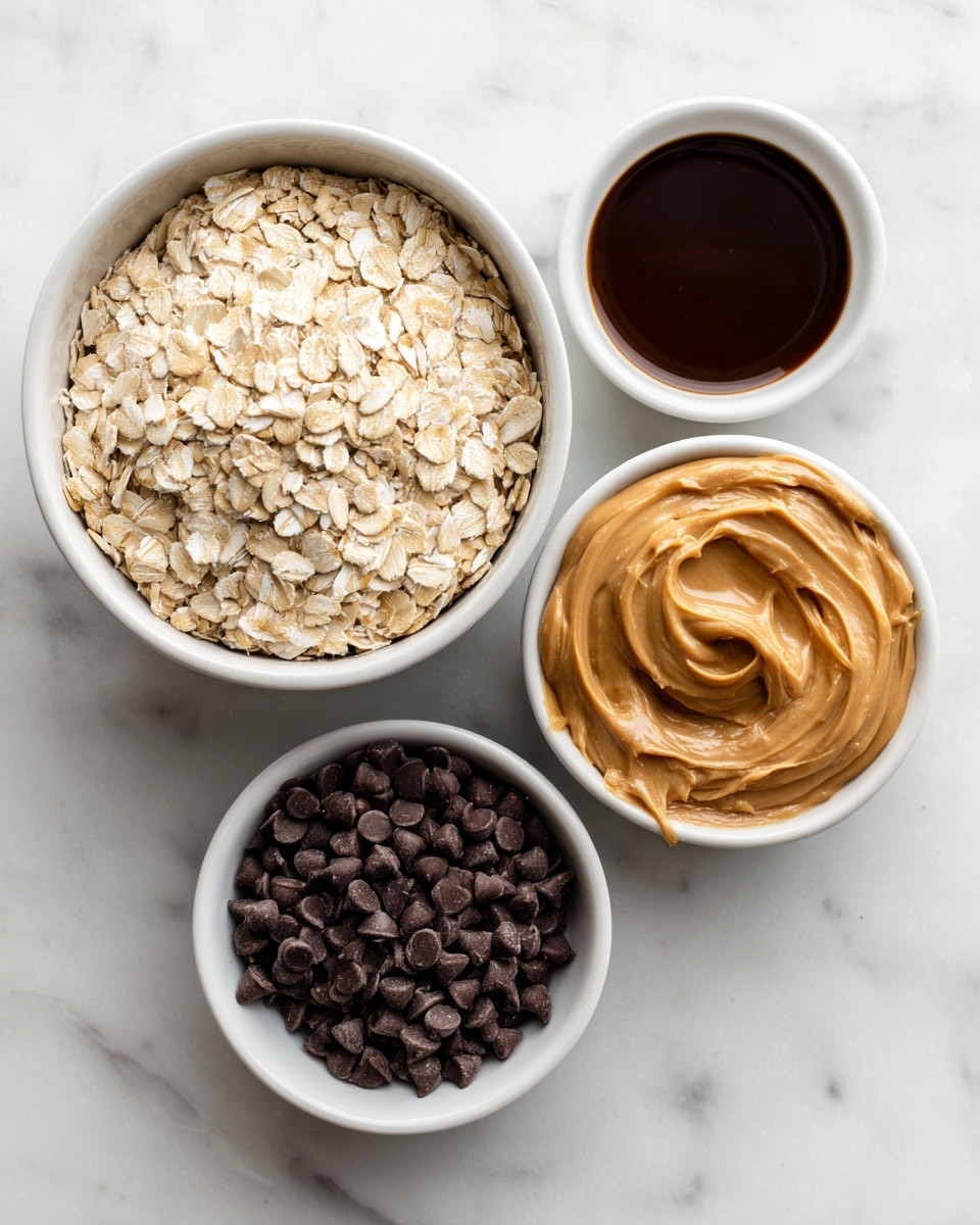 Four white bowls sit on a white marbled surface, each holding a different ingredient. The largest bowl on the left is filled with pale, dry rolled oats that have a slightly rough texture and scattered flakes. To its top left is a small white bowl with thick, dark brown syrup, glossy and smooth. To the right of the oats, a medium white bowl holds creamy peanut butter with a light brown color, swirled smoothly on the surface with a few small specks. Below the peanut butter, a small white bowl contains many tiny, dark chocolate chips that are shiny and round. Photo taken with an iphone --ar 4:5 --v 7