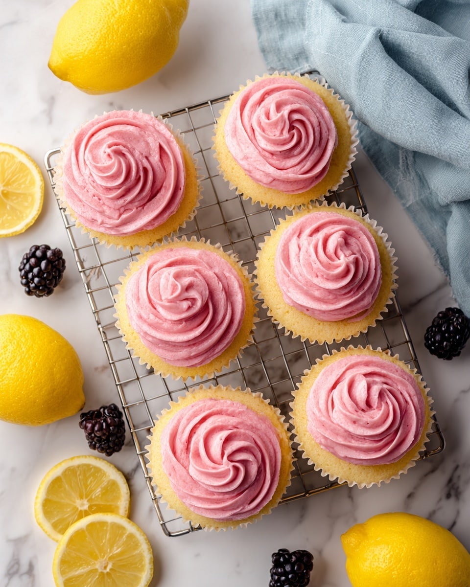 Six cupcakes sit on a silver cooling rack placed on a white marbled surface. Each cupcake has two layers: a light beige cake base and a thick swirl of bright pink frosting on top, piped in a rosette pattern with a smooth, creamy texture. Around the cooling rack, there are sliced yellow lemons and whole blackberries scattered, with a folded blue cloth near the top right corner. The scene is bright and clean, showing all elements clearly. photo taken with an iphone --ar 4:5 --v 7