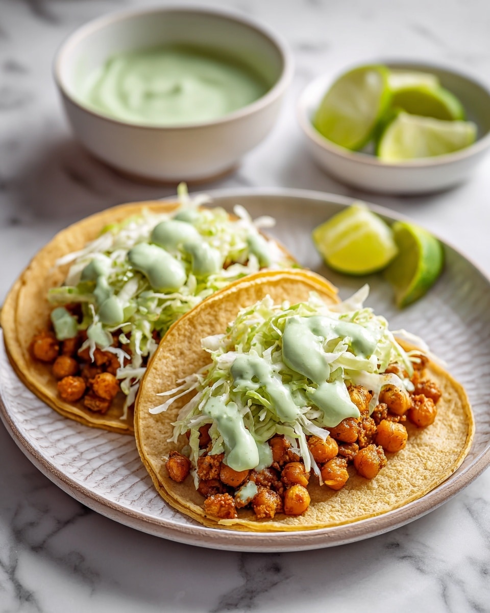 A white round plate with a single soft corn tortilla in the center. On top of the tortilla, there is a layer of light green shredded cabbage, followed by a pile of cooked orange chickpeas seasoned with spices. On top of the chickpeas, there is a dollop of thick green sauce. The plate is set on a white marbled surface, with parts of other white plates and bowls containing food and lime slices visible around the edges. photo taken with an iphone --ar 4:5 --v 7