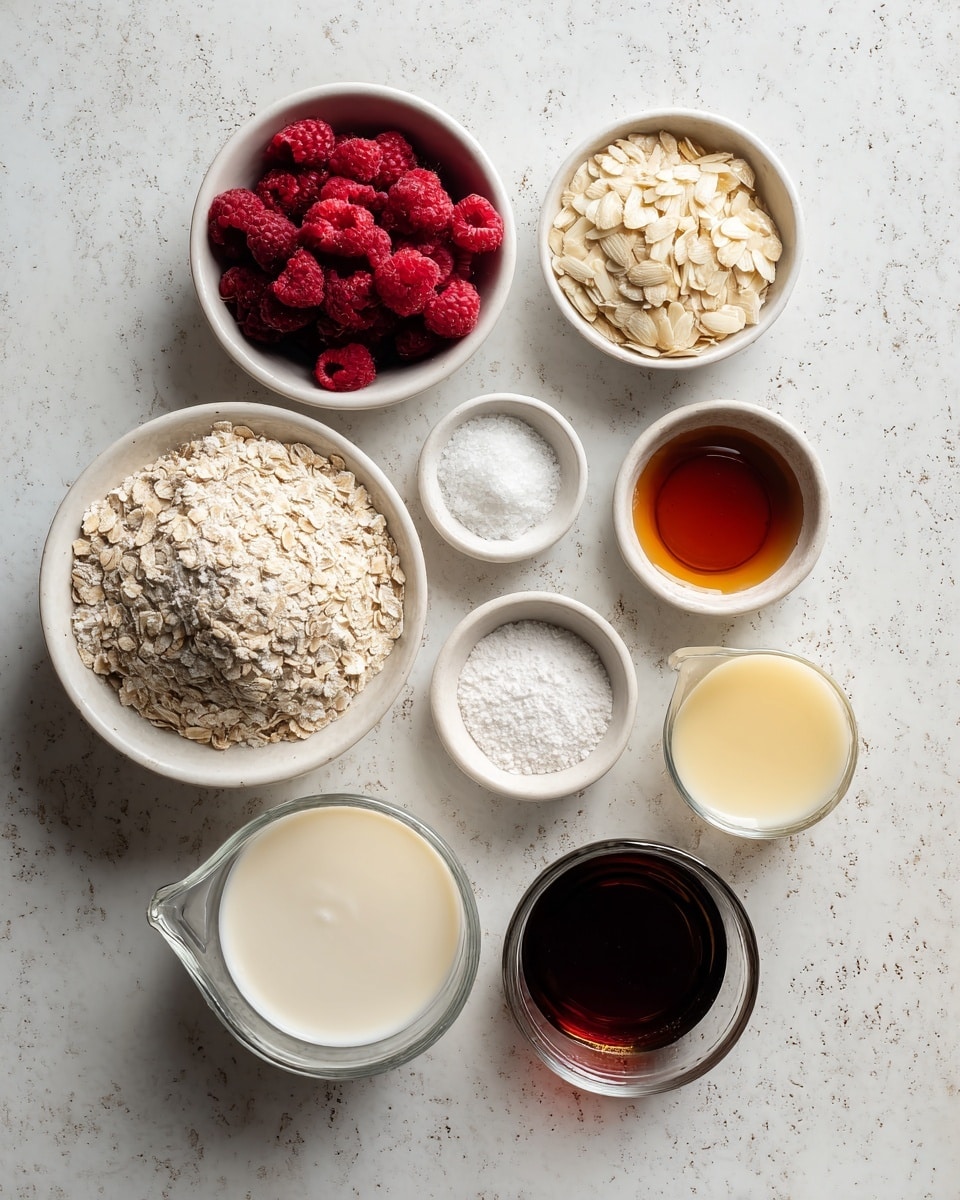 The image shows a flat lay of various ingredients for a recipe arranged neatly on a white marbled surface. There are nine containers total: in the bottom left, a large white bowl filled with light brown rolled oats; above it, a medium white bowl containing deep red frozen raspberries; next to that, a small white bowl with light beige ground flaxseed. Moving upward, a small white bowl with white salt sits near a small white bowl with white baking powder. On the right side, two clear glass measuring cups hold creamy off-white non-dairy yogurt and pale yellow non-dairy milk. A small white bowl with a dark brown vanilla liquid is placed near the bottom center. At the top right, a clear glass bowl contains rich amber maple syrup. Finally, a small white bowl at the top left is filled with pale beige slivered almonds. Each ingredient is labeled with black text on white backgrounds. photo taken with an iphone --ar 4:5 --v 7