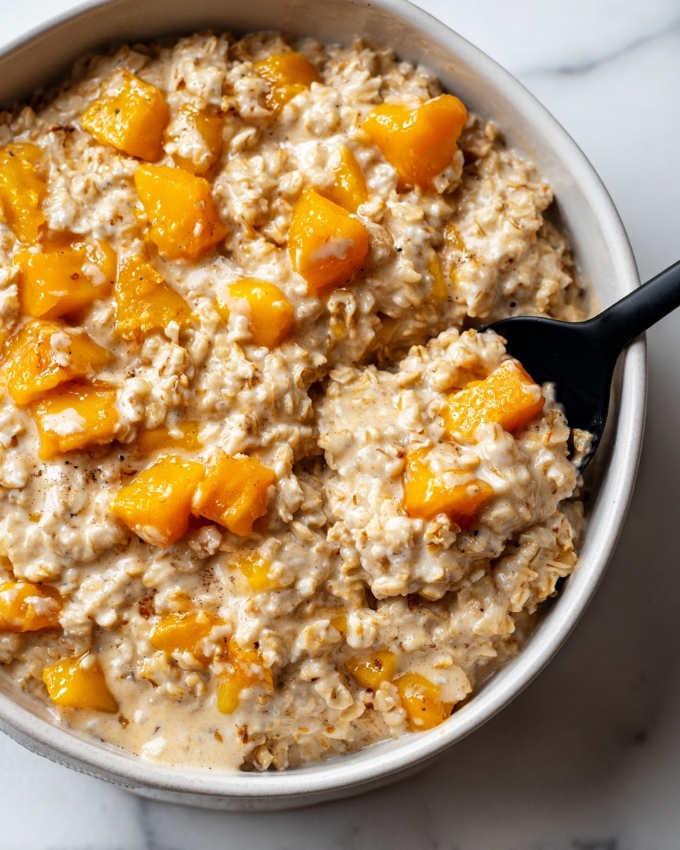 The image shows a close-up view of a creamy, thick oatmeal dish filled with soft orange chunks of cooked pumpkin mixed throughout. The oatmeal is light beige with visible grains and small brownish specks, all evenly coated in the creamy sauce. A black spatula is partly inserted into the oatmeal on the right side, lifting some of the mixture, showing its smooth, rich texture. The dish appears to be in a white baking dish placed on a white marbled surface. photo taken with an iphone --ar 4:5 --v 7