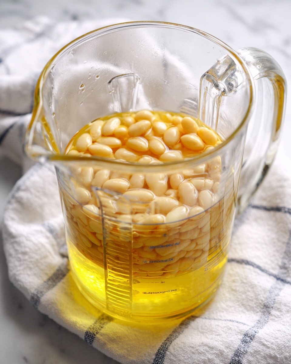 A clear glass blender pitcher is filled with two layers: the bottom layer is a light golden yellow liquid, and the top layer consists of many small, plump, soft white beans floating on the liquid. The pitcher sits on a white marbled surface with a white cloth that has gray stripes nearby. The scene is bright and clear, with a focus on the beans and liquid inside the blender pitcher, photo taken with an iphone --ar 4:5 --v 7