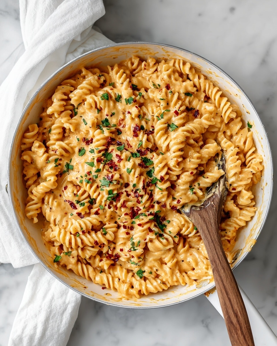 A white pan filled with a single layer of curly rotini pasta coated in creamy light orange cheese sauce. The pasta is sprinkled with small pieces of chopped green parsley and a few red chili flakes scattered on top. A wooden spoon rests on the right side of the pan, partially covered in cheese sauce and parsley. The pan sits on a white marbled surface with a white cloth partially visible in the background. Photo taken with an iphone --ar 4:5 --v 7
