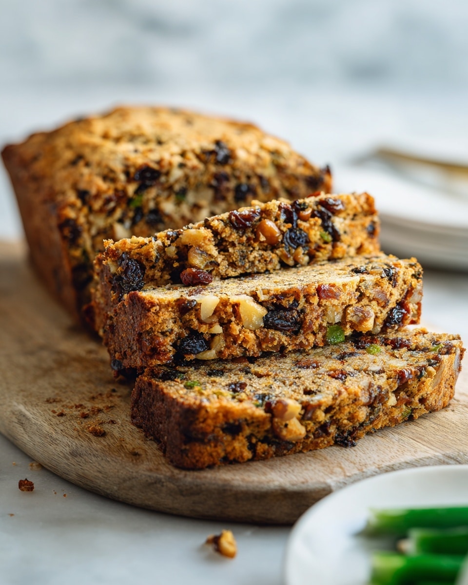 A sliced loaf shows its dense, textured filling packed tightly with small chopped pieces of nuts and dark dried fruits, all enclosed in a golden-brown baked crust that looks flaky and slightly cracked on top. The crust layer sits evenly under and over the filling, creating a neat oval shape. The loaf rests on a wooden board with some crumbs scattered around, and part of a white plate with green vegetables is visible at the front right corner. The background is a white marbled texture with soft lighting highlighting the details of the loaf. photo taken with an iphone --ar 4:5 --v 7