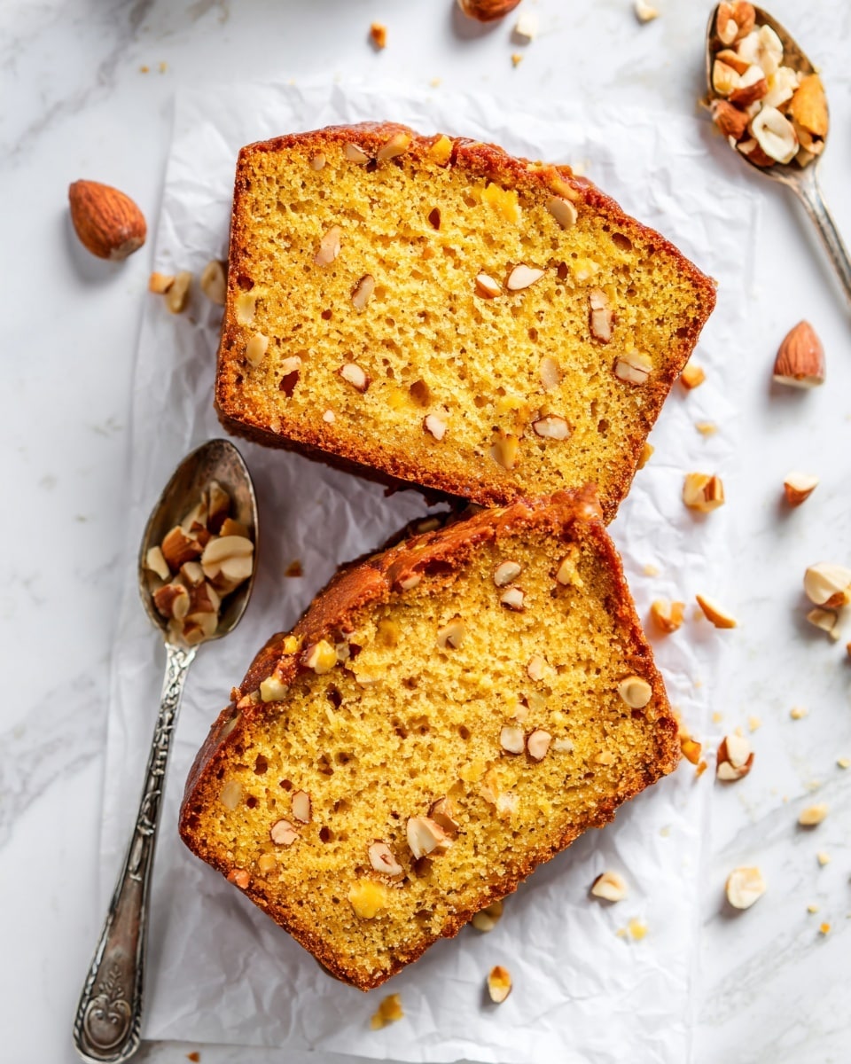 The image shows three thick slices of moist golden brown nut bread lined up closely, each slice revealing a dense texture with small pieces of nuts inside. The edges of the bread are darker brown with a shiny, cracked glaze that looks slightly frosted. Visible on top of the slices are larger pieces of chopped nuts that add a rough texture. The bread rests on a white marbled surface with scattered pieces of nuts around it. Photo taken with an iphone --ar 4:5 --v 7