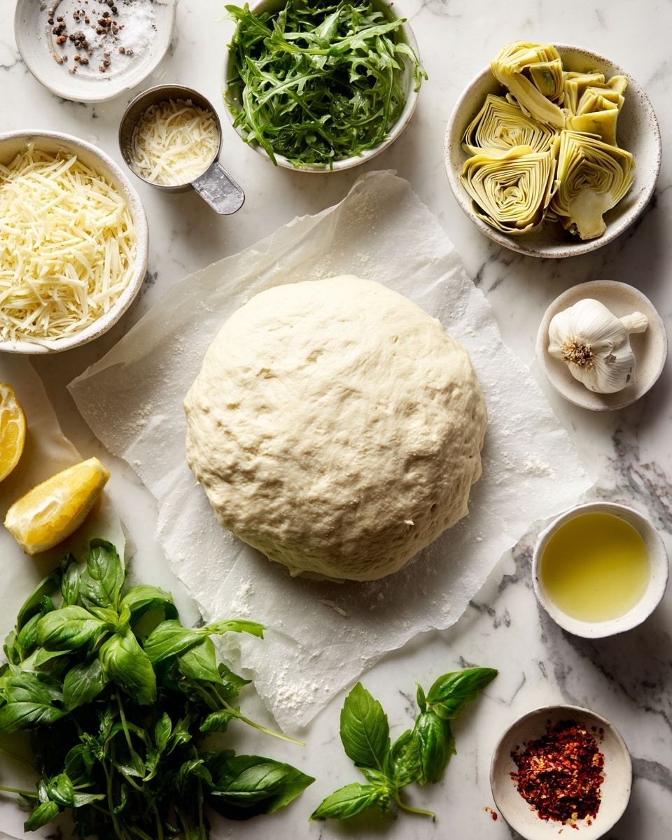 The image shows a round ball of pizza dough resting on white parchment paper on a white marbled surface. Around it, there are several small white bowls and plates with ingredients: shredded mozzarella cheese in one bowl, fresh green arugula leaves in another, light yellow artichoke hearts in a bowl near the center, and grated Parmesan cheese in a small metal measuring cup. Nearby are small plates and bowls containing lemon slices, lemon zest, salt, crushed red pepper flakes, a bulb of garlic, and a cup of olive oil. Fresh basil leaves are placed near the artichokes, adding a bright green color to the scene. photo taken with an iphone --ar 4:5 --v 7