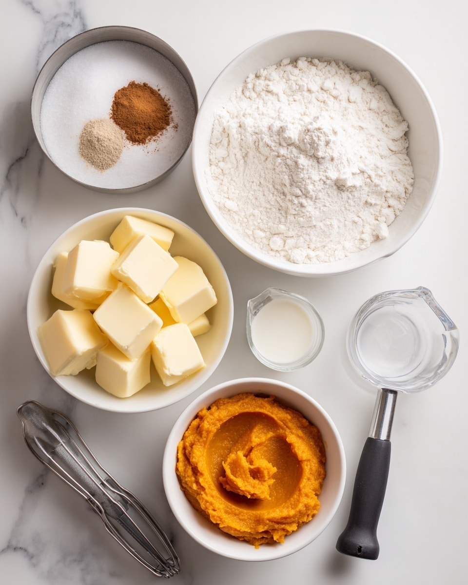 The image shows a top view of ingredients for baking arranged on a white marbled surface. On the top right, there is a white bowl with a mix of white flour, baking powder, baking soda, salt, cinnamon, and nutmeg, showing a light powdery texture with a small section of cinnamon brown. Below it, a white bowl contains soft, creamy yellow butter chunks. To the right of the butter, a glass measuring cup holds a small amount of white buttermilk. In the bottom middle, a white bowl has smooth, orange pumpkin puree. There are also two metal baking tools: a round biscuit cutter near the bowls and a pastry blender tool with a black handle near the bottom left. The items are spaced out neatly on the surface. Photo taken with an iphone --ar 4:5 --v 7