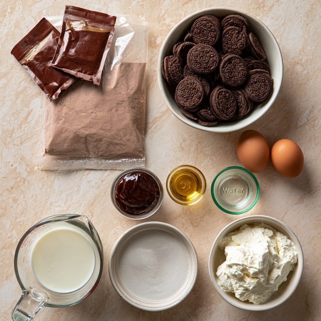 The image shows a flat lay of various dessert ingredients placed on a light beige surface with a subtle texture. There are two small brown paper packets labeled