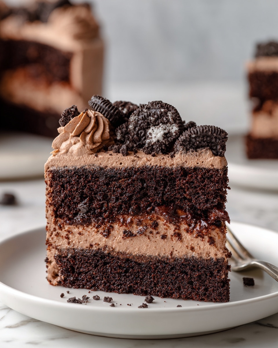 A close-up photo of a thick, square chocolate cake slice on a white plate, set on a white marbled surface, showing three clear layers: the bottom dark, moist chocolate cake layer, the middle creamy chocolate filling layer with a smooth texture, and the top fluffy chocolate frosting layer dotted with large and small chunks of dark chocolate cookies scattered unevenly. Another blurred slice is visible in the background on the same white plate and white marbled surface. photo taken with an iphone --ar 4:5 --v 7
