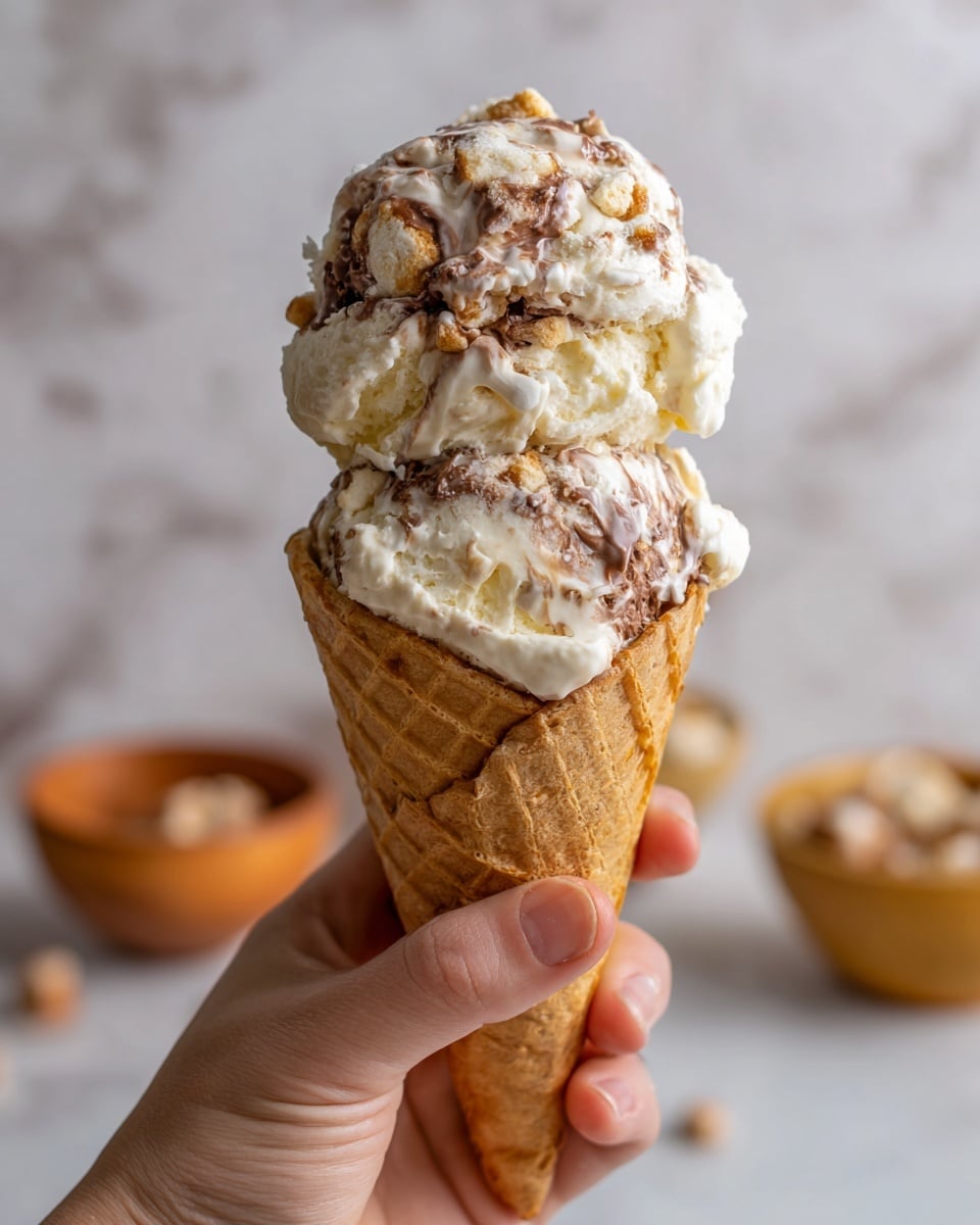 The image shows five waffle cones lying open on a piece of silver foil on a white marbled surface, each filled with a mix of melted white and milk chocolate, mini marshmallows, colorful candy-coated chocolates, and pieces of nuts. The cones have a golden brown crispy texture, with the melted chocolate and marshmallows oozing slightly over the edges. In the background, there are several white bowls filled with chocolate chips, peanut butter cups, and candy-coated chocolates, arranged softly out of focus on the white marbled surface, with some broken waffle cones visible on the side. The scene has a bright natural light and a warm, inviting look. photo taken with an iphone --ar 4:5 --v 7
