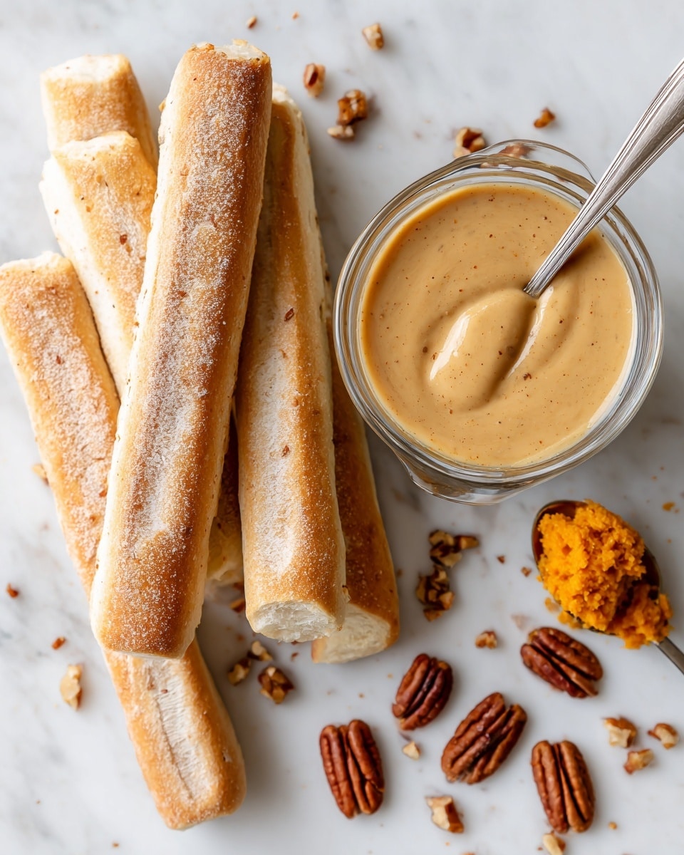 The image shows two parts. On the left side, there are several white bread sticks stacked on a white marbled surface. The bread sticks are soft and fluffy with a light brown crust on the edges. On the right side, there is a rectangular glass dish filled with smooth, light brown creamy sauce, with a silver spoon dipped inside. Around the dish are some scattered pecans and a small spoon with orange pumpkin puree sitting on the white marbled surface. photo taken with an iphone --ar 4:5 --v 7