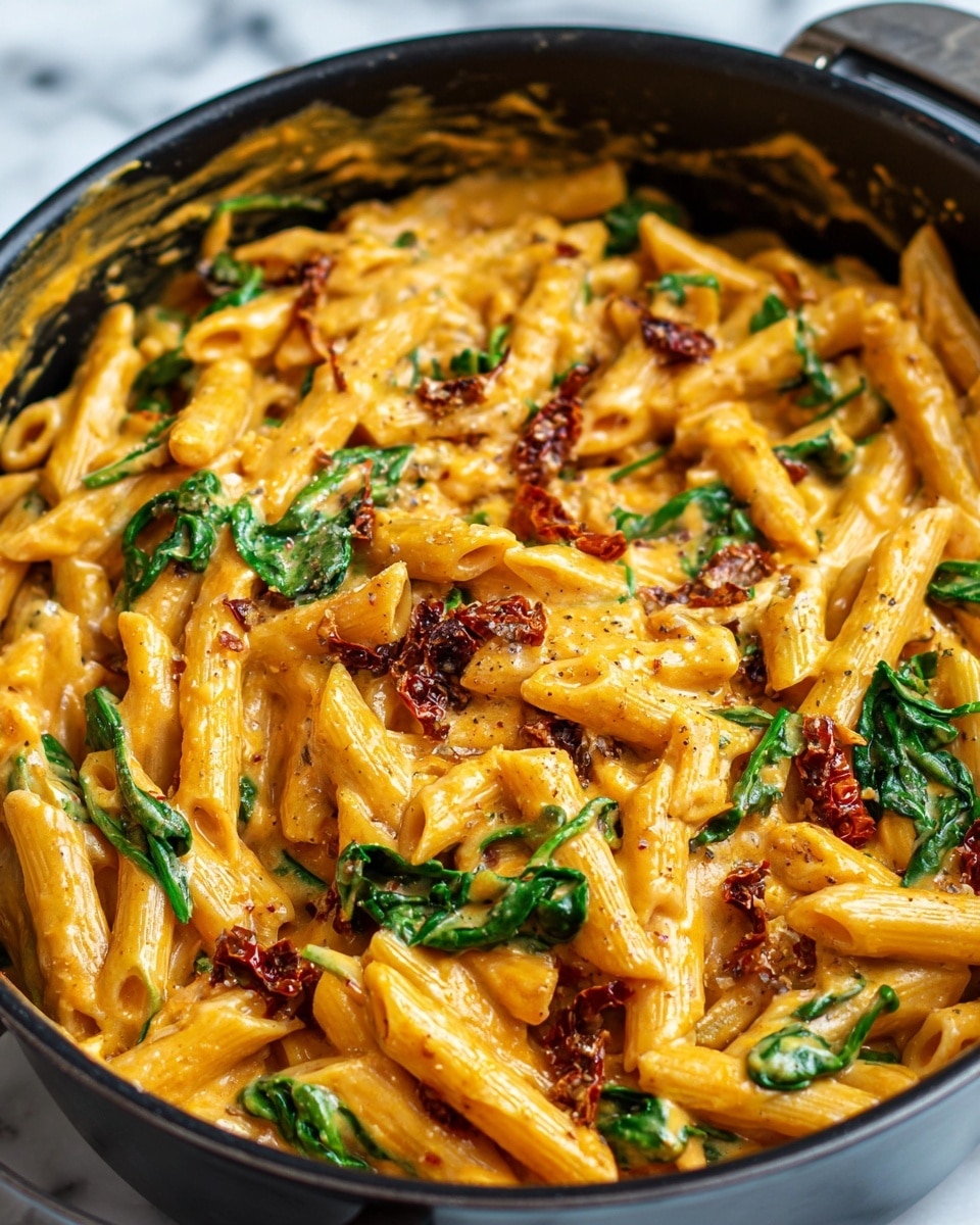 The image shows a close-up of penne pasta covered in a creamy orange sauce with visible wilted green spinach leaves mixed throughout. The pasta and spinach are in a black pot with some sauce smeared along the inner sides, giving a thick, rich texture. The penne pasta pieces are fully coated, with some darker bits that look like sun-dried tomatoes scattered around. The pot sits on a white marbled surface. photo taken with an iphone --ar 4:5 --v 7