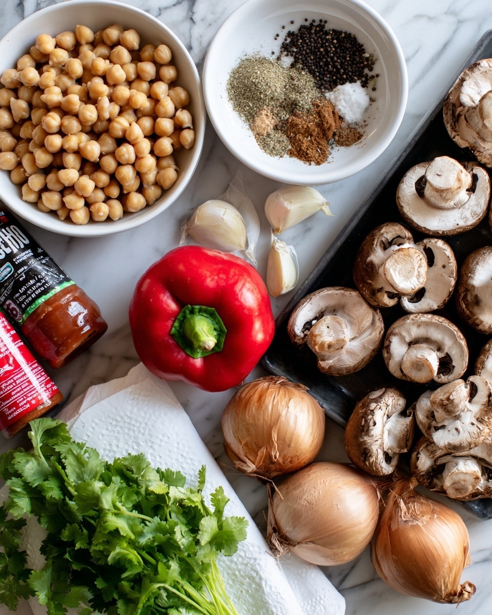 A close-up top view of fresh cooking ingredients arranged on a white marbled surface; on the left is a white bowl filled with beige round chickpeas, above it is a white bowl with four types of spices including brown and light green fennel seeds, in the center is a shiny red bell pepper with a green stem, to the right is a black tray filled with sliced brown mushrooms showing white flesh and dark brown gills, below are two whole brown onions with papery skin and some peeled garlic cloves, alongside fresh green cilantro wrapped in white paper towel, and a tube of tomato paste with a red cap partially visible near the left side photo taken with an iphone --ar 4:5 --v 7