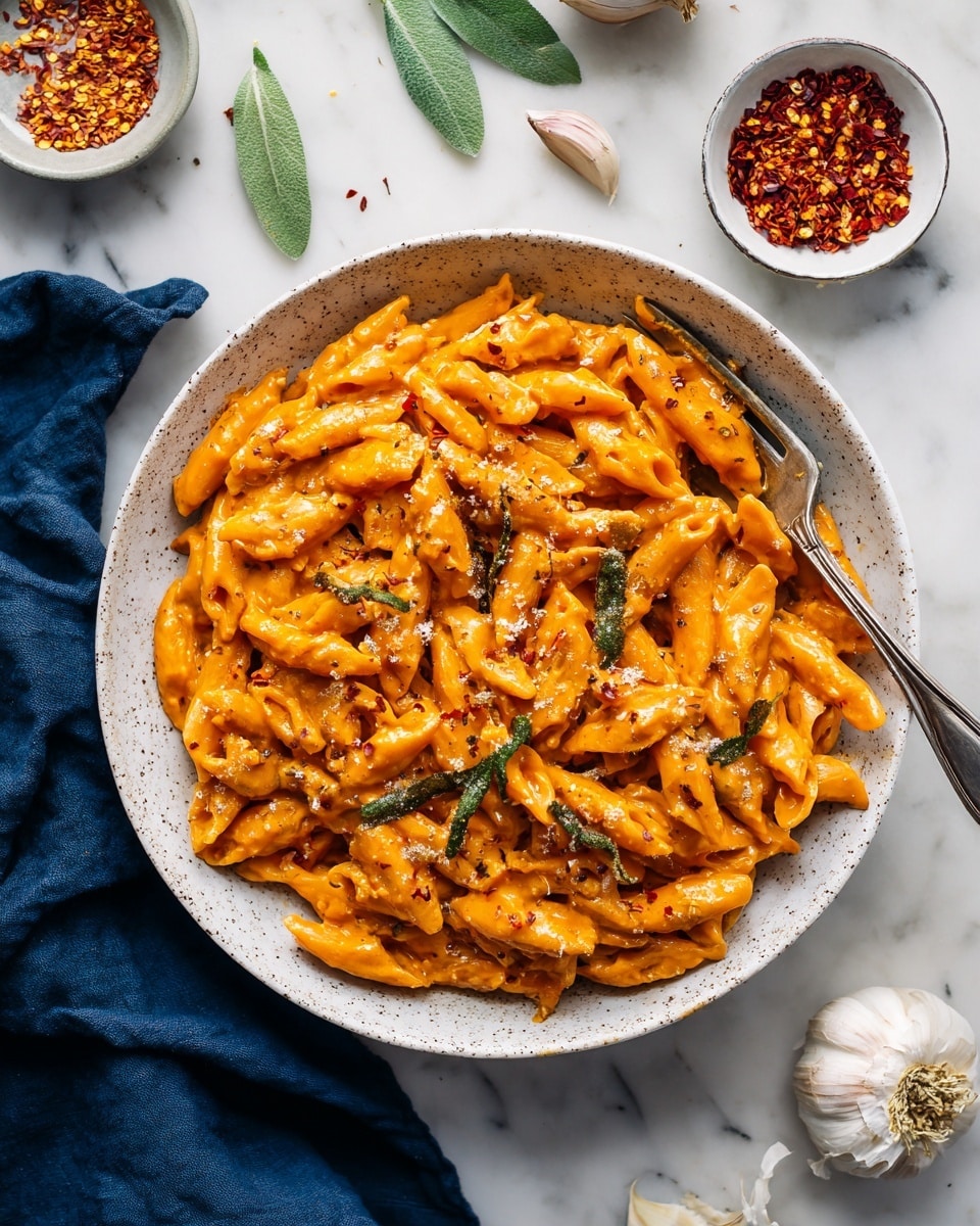 A round white speckled bowl is filled with many pieces of short, thick pasta covered in smooth orange sauce, giving the dish a creamy look. The pasta pieces are tightly packed, sitting on top of one another in multiple layers, with shiny surfaces reflecting light. A silver fork is placed at the edge of the bowl, partly buried in the pasta. Around the bowl, there are small white bowls with dried herbs and red chili flakes, pieces of garlic, and green leaves scattered on a white marbled surface. A dark blue cloth lies near the bowl. Photo taken with an iphone --ar 4:5 --v 7
