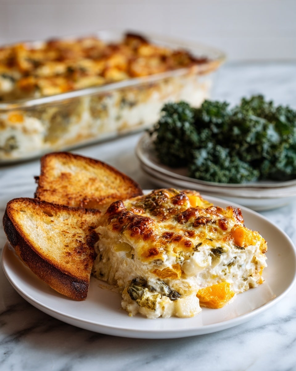 A white square plate holds a serving of three distinct foods arranged side by side on a white marbled surface: on the left is a small heap of bright green curly kale leaves with a fresh, leafy texture; in the center right is a single portion of a baked casserole with a golden-brown melted cheese top and a slightly rough, mixed texture beneath showing bits of orange and light ingredients; and at the bottom right, overlapping the kale slightly, are two slices of toasted bread with a golden crust and a soft, pale-green herb spread visible on the surface. A metal fork lies to the right of the plate. In the background, a clear glass baking dish sits on a coarse beige cloth, containing the same casserole with a woman's hand holding a large metal spoon resting inside the dish, all on the white marbled surface photo taken with an iphone --ar 4:5 --v 7