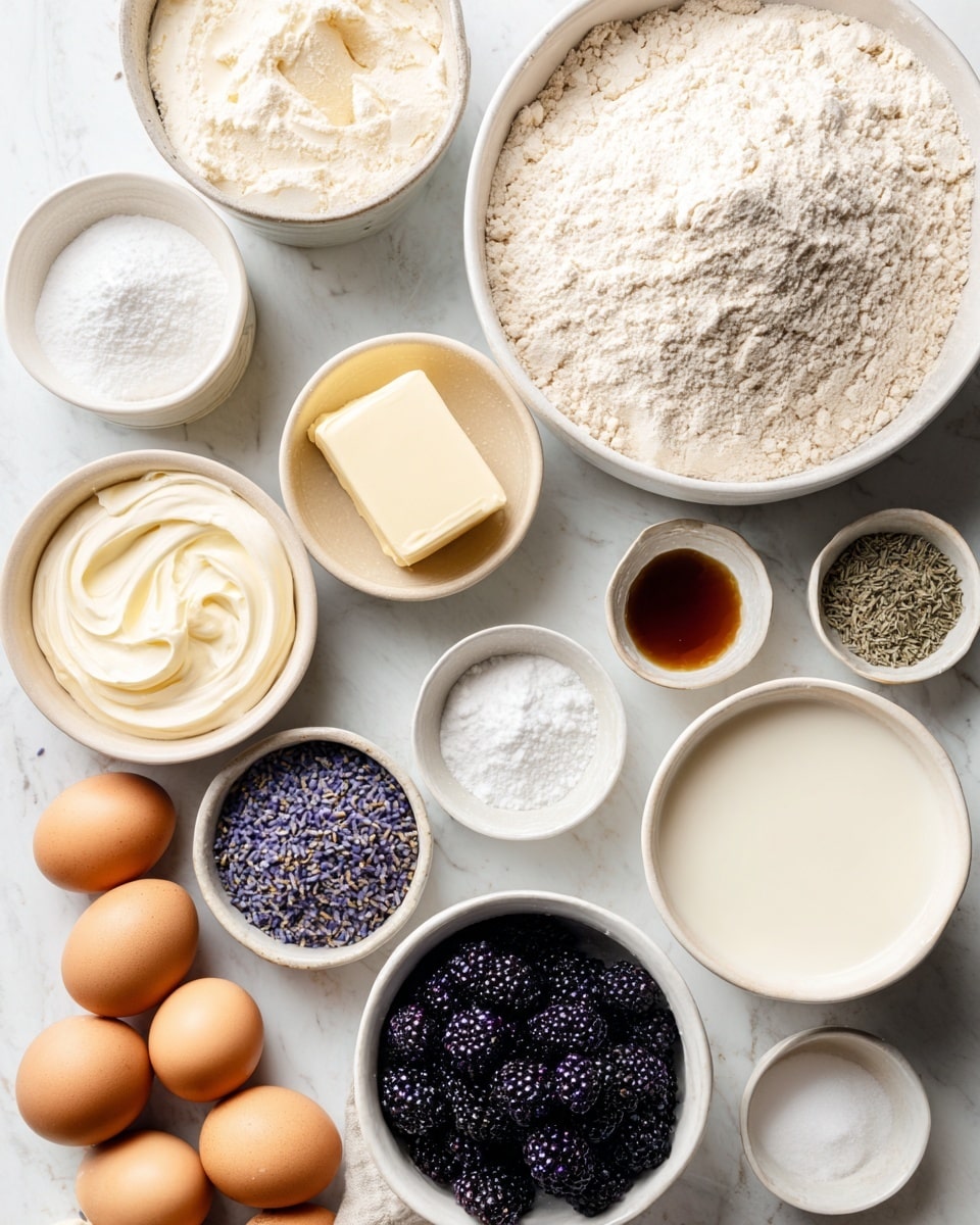 The image shows several small white bowls and containers with different baking ingredients arranged on a white marbled surface. There is one large bowl filled with light beige all purpose flour with a soft texture on the upper right. A small white bowl holds smooth white sugar on the upper left. A round container of mascarpone cheese is placed next to a small white bowl with a creamy light beige liquid labeled heavy cream in the middle. Below them, a white bowl is filled with dark purple-black blackberries with a glossy texture. Small white bowls contain dried lavender with greenish-brown pieces, dark amber vanilla extract, white baking powder, and fine white salt, all placed near the center right. A pack of pale yellow butter is next to the baking powder. At the bottom left, there are four brown eggs in a beige carton. A large white bowl near the bottom right holds light cream-colored milk with a smooth surface. Lastly, another small empty white bowl is near the bottom right. All the items are placed neatly, and the scene looks bright and clean. photo taken with an iphone --ar 4:5 --v 7