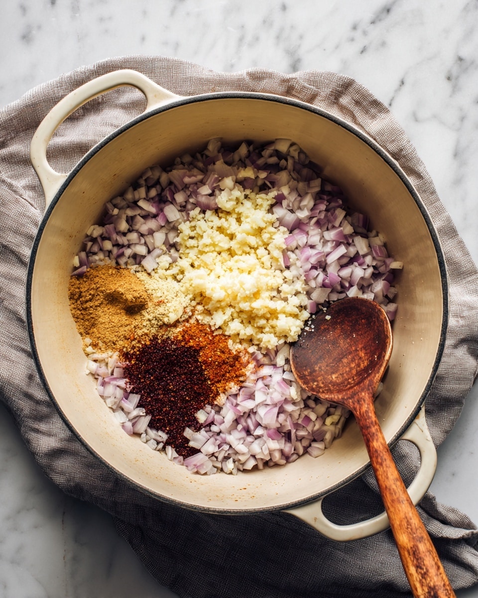 Inside a large white enameled pot with two handles, there is a layer of small, light purple and white onion pieces spread evenly across the bottom. On top of the onions, slightly to the left, is a mound of finely minced pale yellow garlic. Below the garlic, there are two separate piles of spices: one is a brownish yellow powder, and the other is a dark reddish-brown powder. To the right of the darker powder, there is a thick dark paste. A wooden spoon with a darkened round end rests on the right side of the pot, touching the onions and spices. The pot sits on a soft textured gray cloth on a white marbled surface photo taken with an iphone --ar 4:5 --v 7