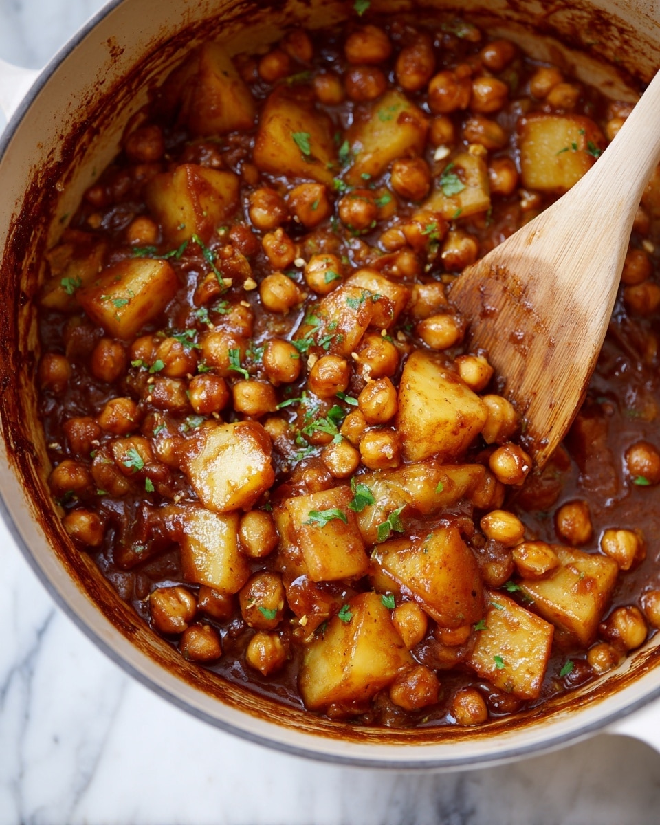This image shows a close-up of a thick stew filled with three main layers: golden brown chickpeas scattered throughout, large light brown potato chunks, and dark brown sauce covering everything. The sauce is rich and shiny, speckled with small bits of green herbs. A wooden spoon is partially submerged on the right side, slightly lifting some of the stew. The stew is inside a white pot sitting on a white marbled surface. photo taken with an iphone --ar 4:5 --v 7