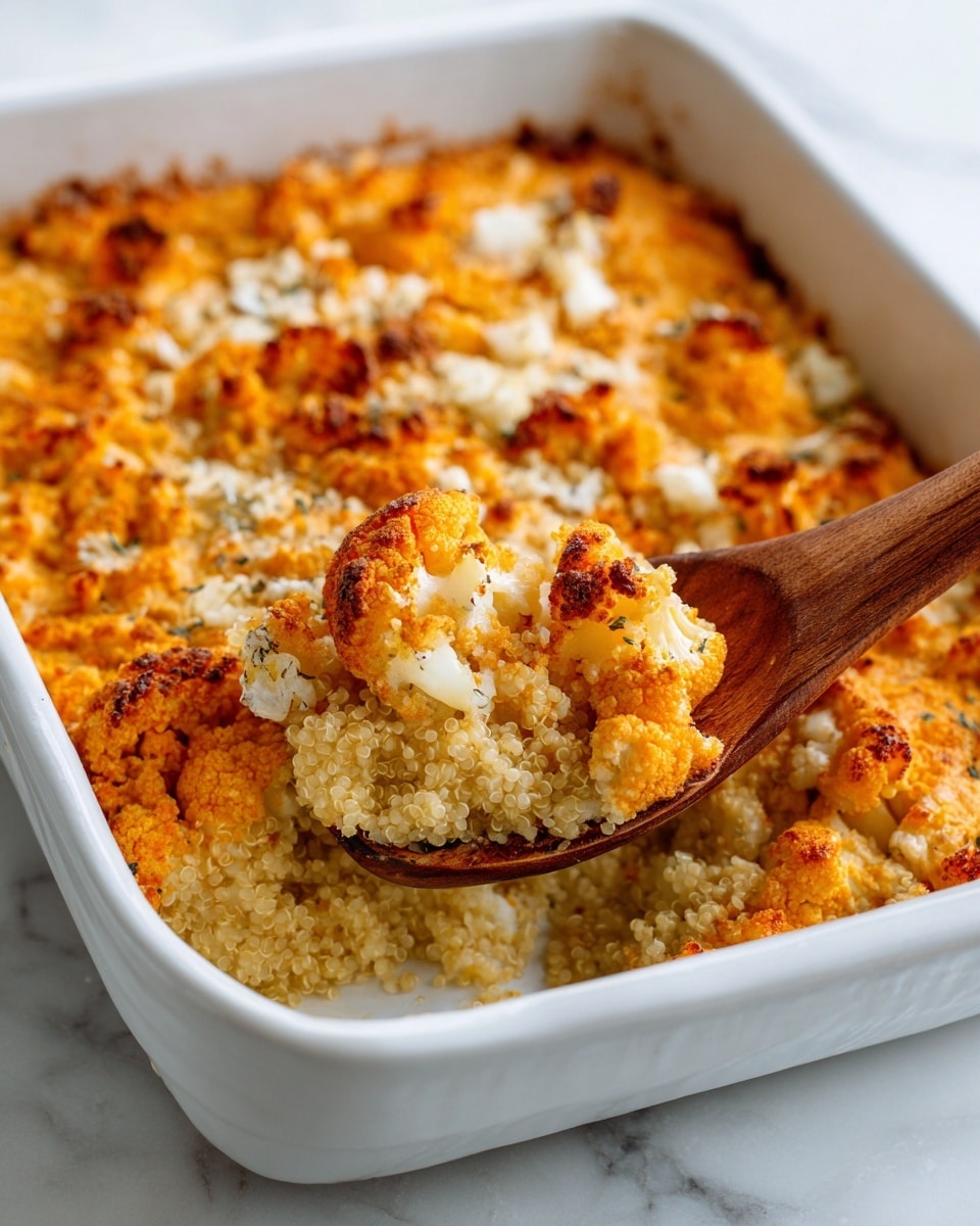The image shows a white rectangular baking dish filled with a two-layer casserole. The bottom layer is light and grainy with small white round grains that look like cooked quinoa mixed with small pieces of white cauliflower. The top layer is orange and slightly crispy, covering most of the grains and cauliflower, with some white bits showing through. A wooden spoon is scooping out a portion from the bottom left corner, lifting both layers together. The dish is placed on a white marbled surface photo taken with an iphone --ar 4:5 --v 7
