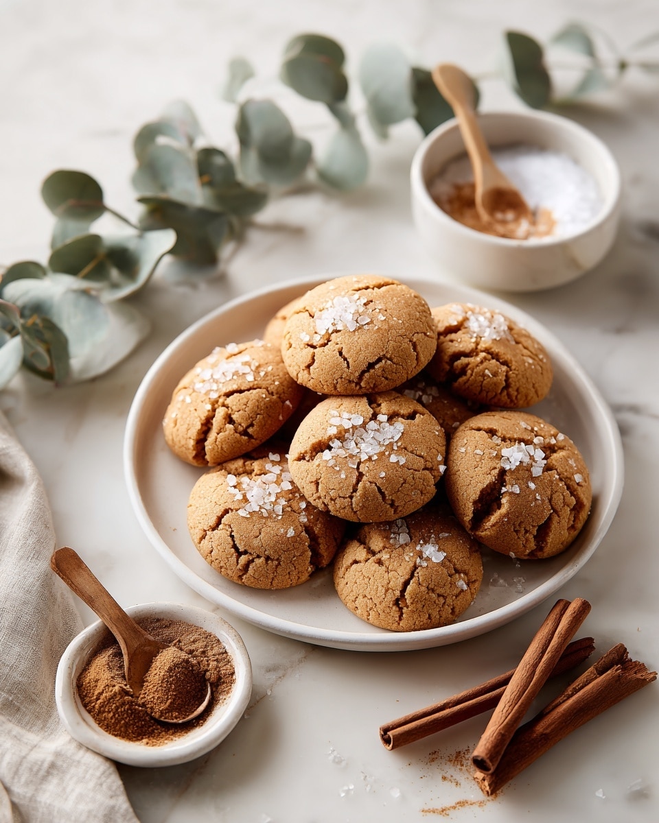 A white plate is full of round, golden brown cookies with a soft texture and cracked tops. The cookies have a light sprinkle of white flakes, likely salt, on top. Nearby on the white marbled surface, a small white bowl holds a cinnamon powder with a tiny wooden spoon, and another white bowl has a mix of sugar and cinnamon with three cinnamon sticks resting on it. A few more cinnamon sticks lie next to the plate, and some green eucalyptus leaves lay scattered on the left edge of the scene. The photo taken with an iphone --ar 4:5 --v 7