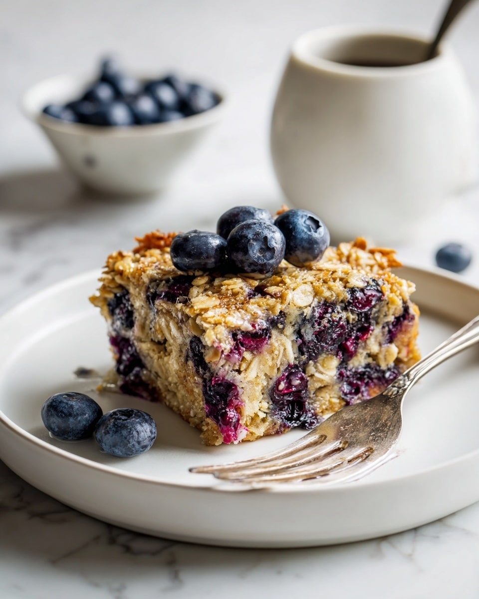 A slice of oatmeal blueberry bake sits on a white plate, showing a textured surface of golden-brown baked oats mixed with plump, dark purple blueberries baked into the slice with a few fresh blueberries resting on and near it. The slice is thick with visible layers of soft oats and juicy berries throughout. An old silver fork rests beside the slice on the plate. The white plate is set on a white marbled surface. In the blurry background, a small white bowl with blueberries and a larger white bowl with a spoon are visible. photo taken with an iphone --ar 4:5 --v 7